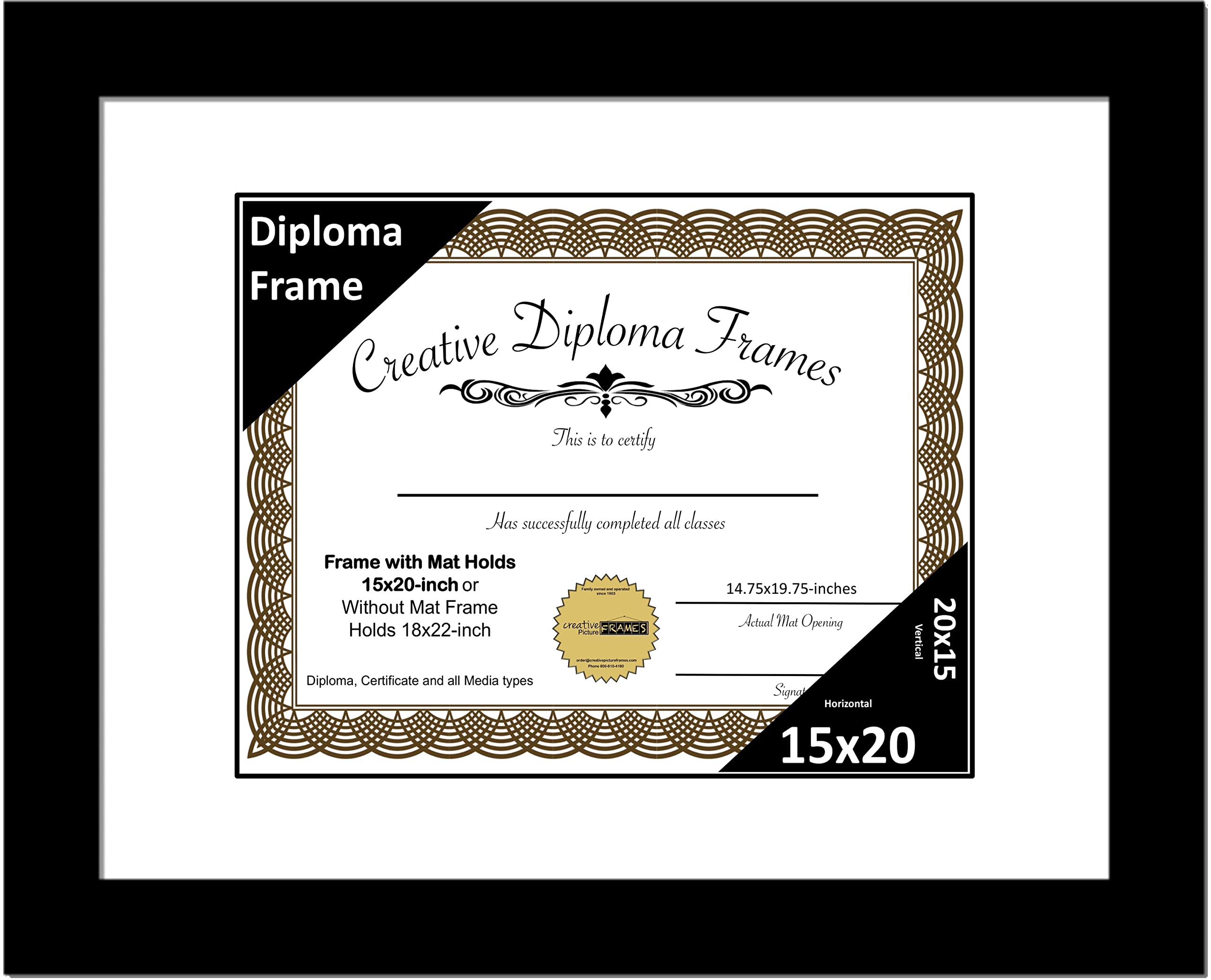 Creative Picture Frames 15x20 Classic Black Diploma Frame with White Mat Glass Easel and Installed Wall Hangers | Frame Holds 18