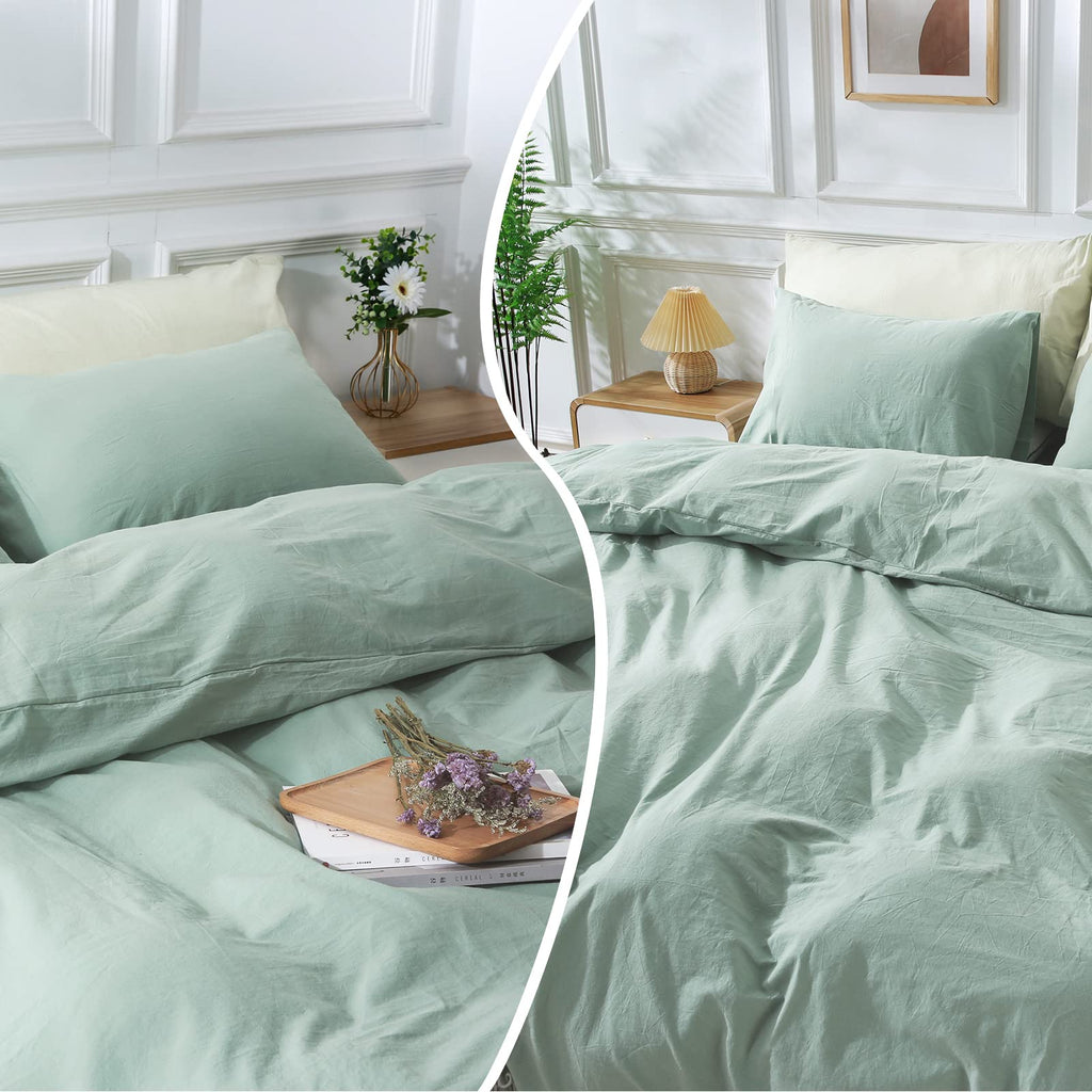Nexhome Pro Green Duvet Cover Set Super King 108'X98' Linen Feel Textured Organic Natural 100% Washed Cotton Duvet Cover 3 Pieces Bedding Set With Zipper Closure, Breathable, Soft (No Comforter)