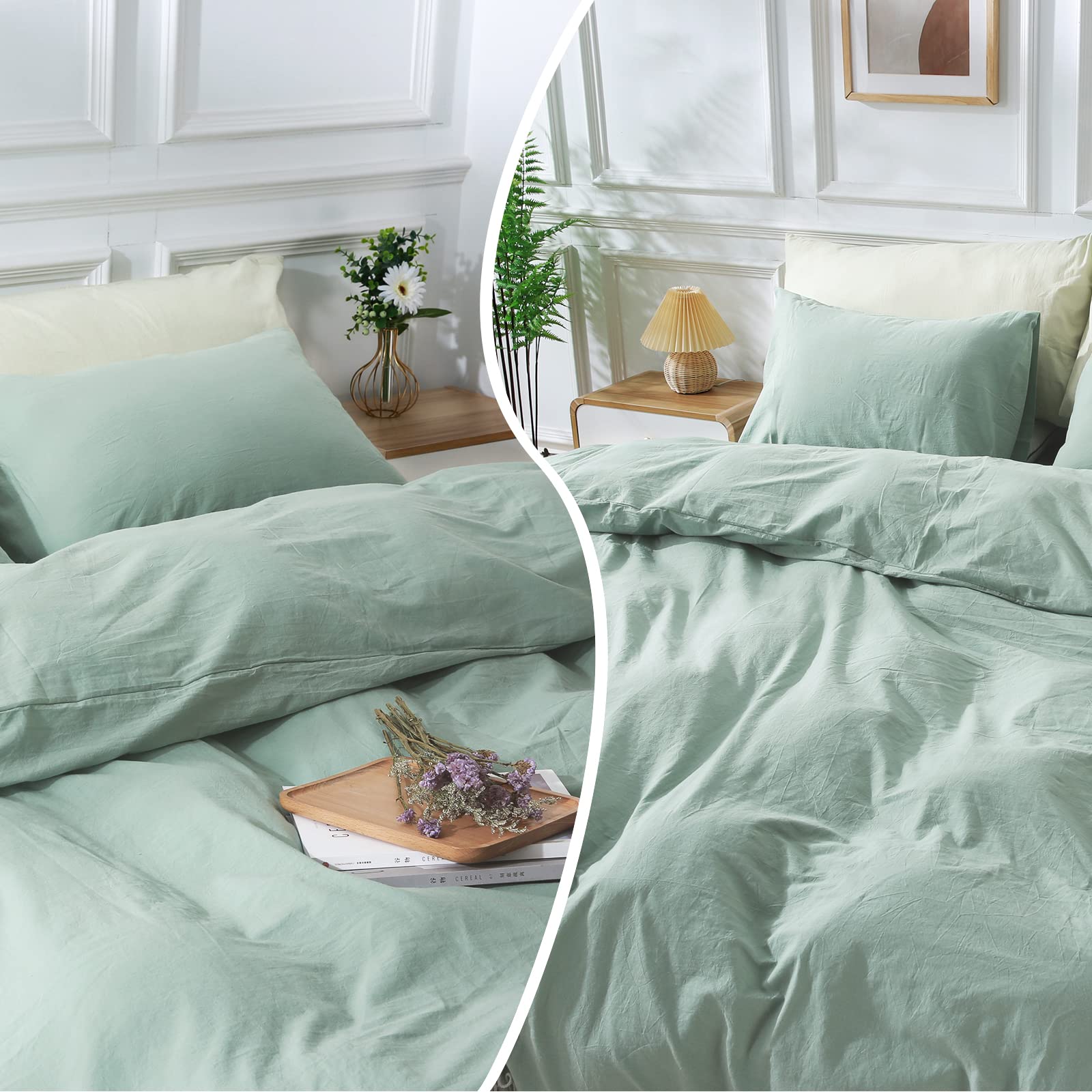 Nexhome Pro Green Duvet Cover Set Super King 108'X98' Linen Feel Textured Organic Natural 100% Washed Cotton Duvet Cover 3 Pieces Bedding Set With Zipper Closure, Breathable, Soft (No Comforter)