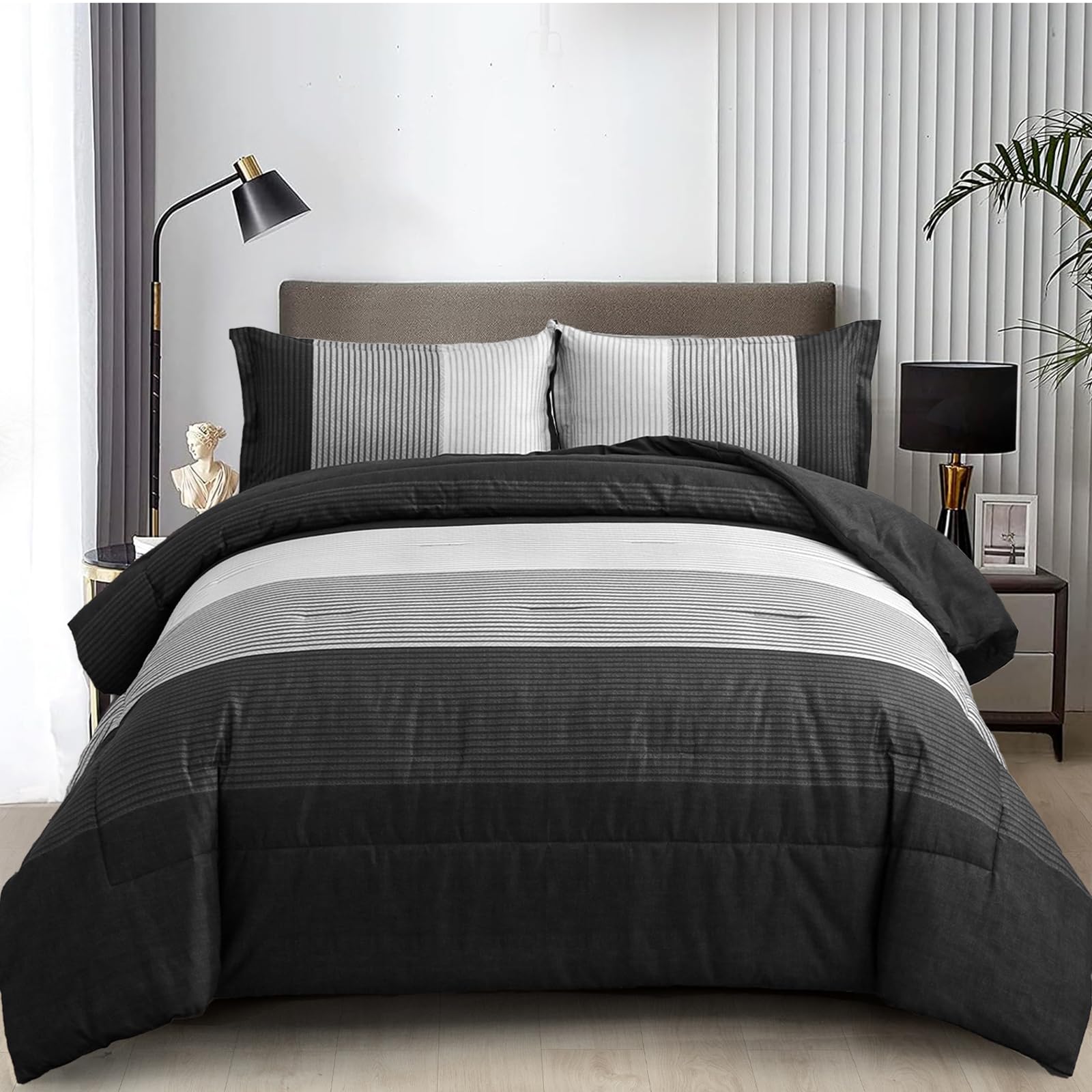 Wongs Bedding Black Comforter Set Full, Reversible Black Grey Stripe Down Alternative Comforter For All Season,3 Pieces(1 Patchw