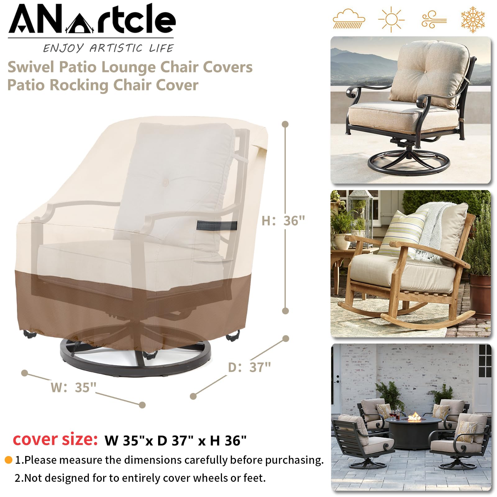 Anartcle Outdoor Swivel Lounge Chair Cover 2 Pack,600D Waterproof Heavy Duty Outdoor Chair Covers(35 W X 37 D X 38.5 H Inches),P