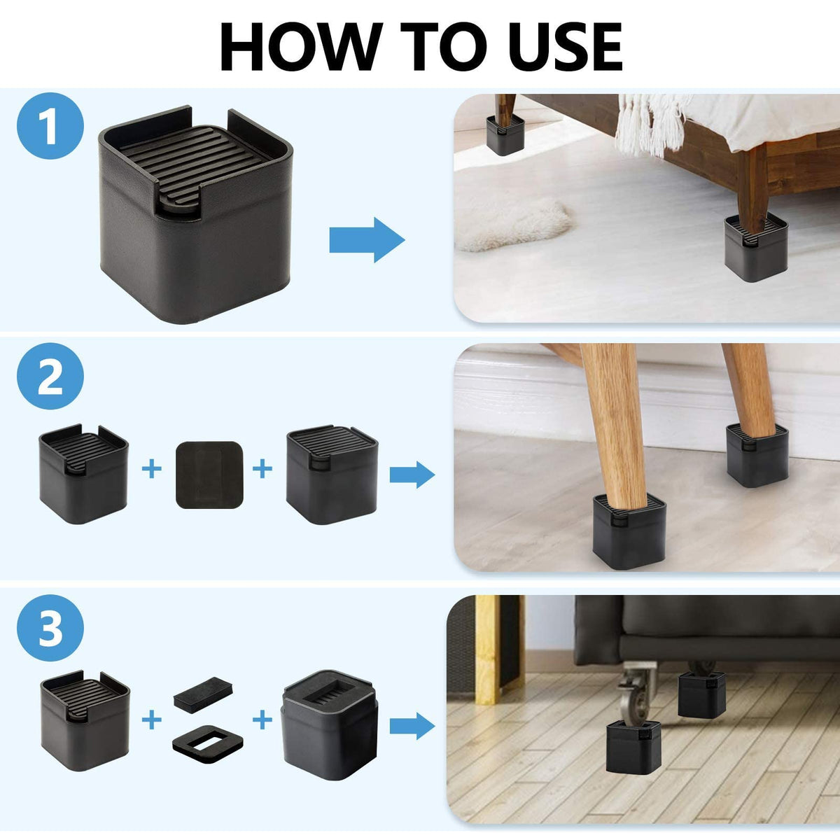 Btsd-Home Adjustable Bed And Furniture Risers Elevator Up To 3 Or 4 Inch Heavy Duty Bed Risers For Dorm Table Couch Sofa Wheels