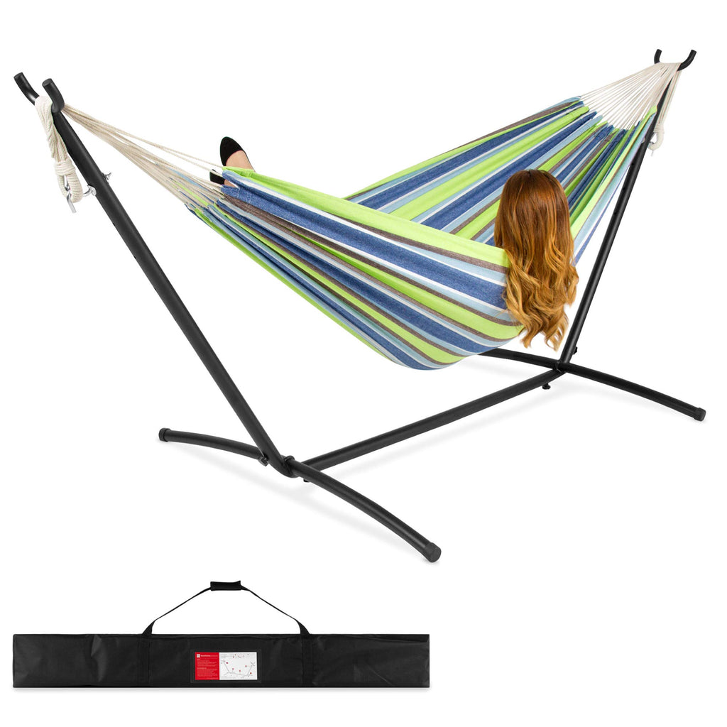 Best Choice Products Double Hammock With Steel Stand, Indoor Outdoor Brazilian-Style Cotton Bed W/Carrying Bag, 2-Person Capacity - Blue/Green Stripes