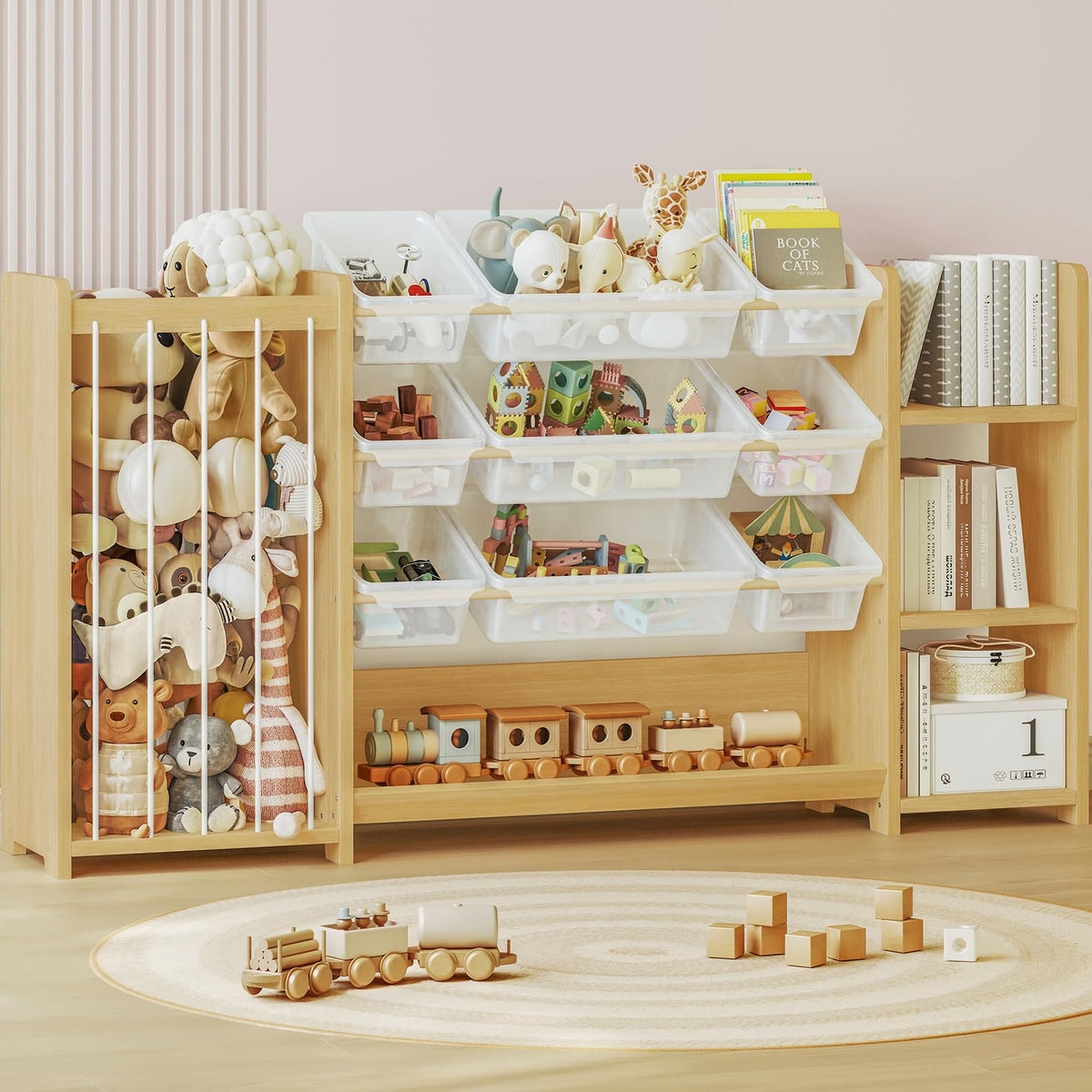 3in1 Montessori Toy Organizer with Bookshelf, 9 Clear Bin & Plush Storage