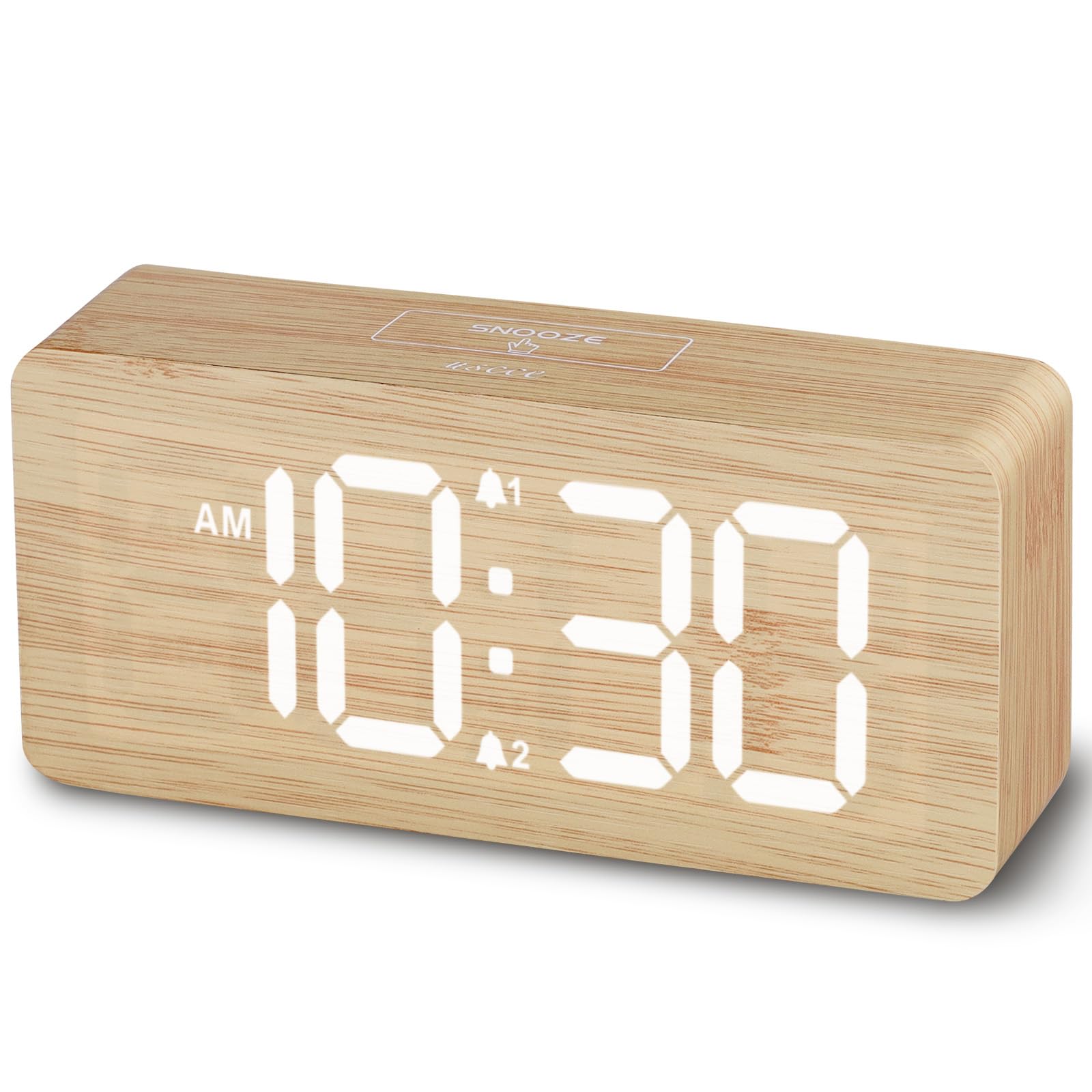 uscce Wooden Digital Alarm Clocks for Bedrooms: Dimmable Dual Alarm Clock with Large Numbers for Bedside Desk - White