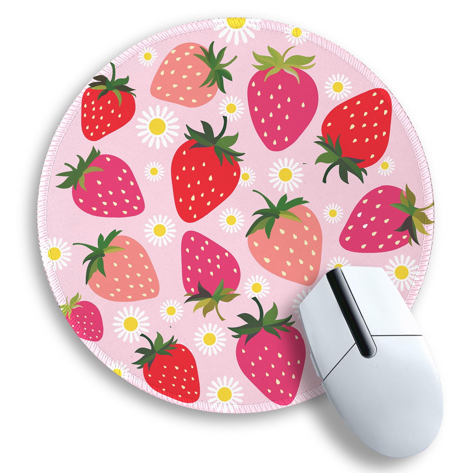 Gctriki Strawberry Mouse Pads For Desk, Cute Small Round Mousepad With Stitched Edge Non-Slip Rubber Base, Comfortable Computer
