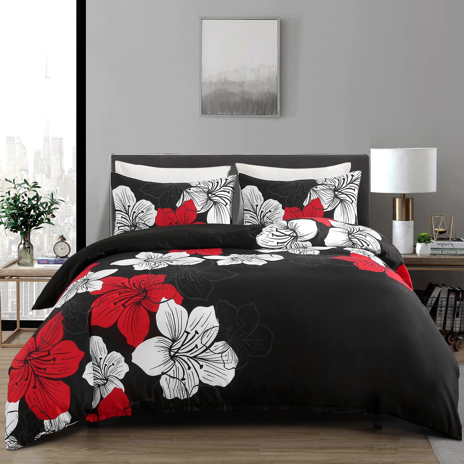 Menghomeus Black Comforter Set Queen - Red and White Floral Comforter with 2 Pillowcases Modern Bedding Sets Lightweight Boho Be