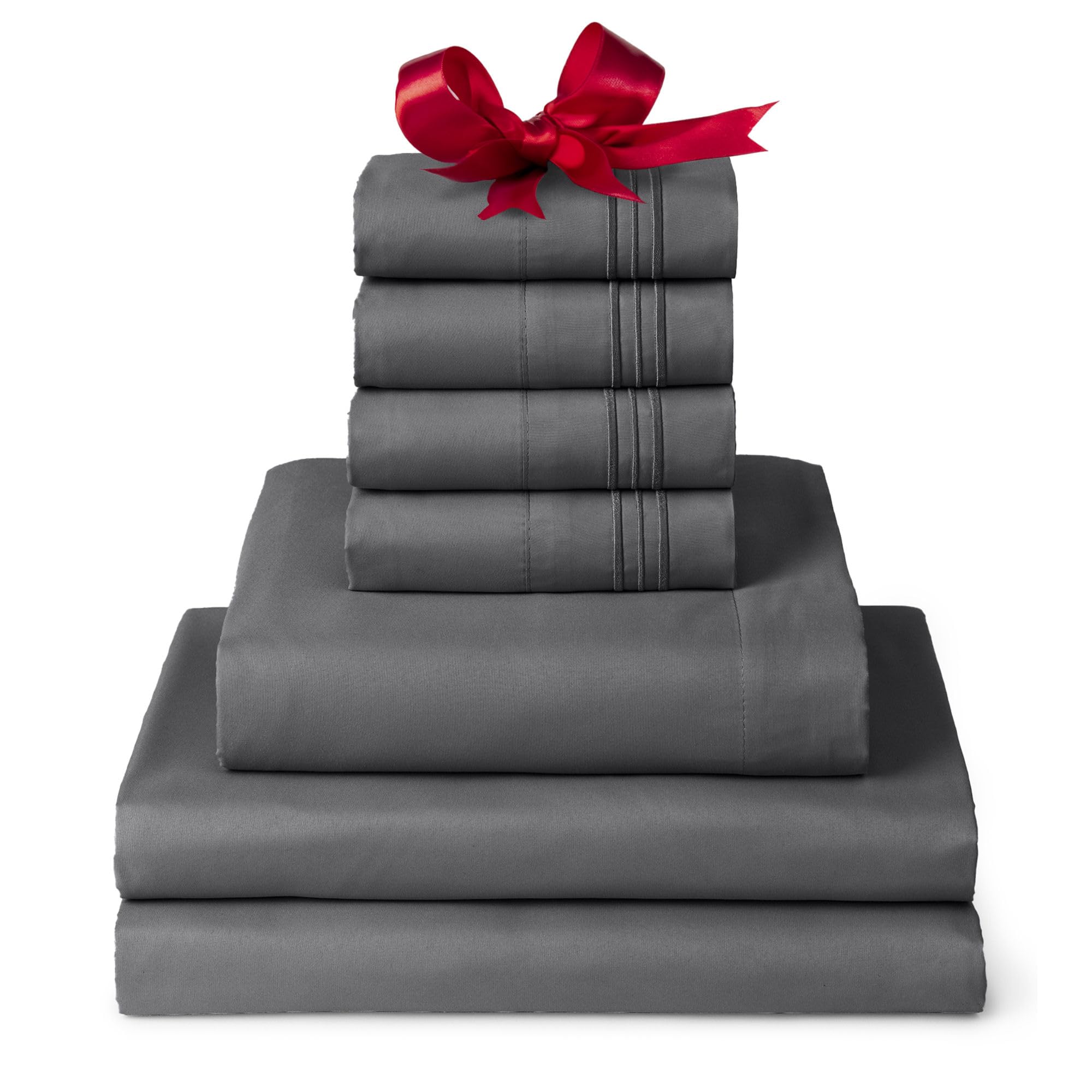 Mellanni Split King Sheet Set - 7-Piece Iconic Collection Bedding, (Including 4 Pillowcases), 16-Inch Deep Pocket, Easy Care, Extra Soft, Cooling Sheets, Brushed Microfiber - Gray