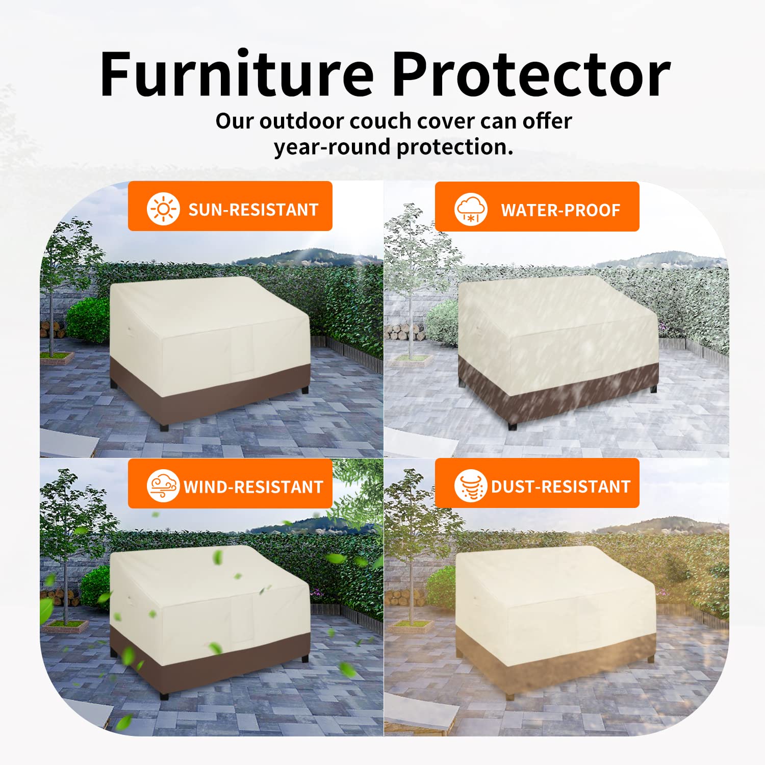 Easy-Going Waterproof Outdoor Loveseat Cover, Heavy Duty 2-Seater Patio Couch Cover, Windproof Outdoor Furniture Cover With Air Vent (58Wx32.5Dx31H Inch, Beige/Dark Brown)
