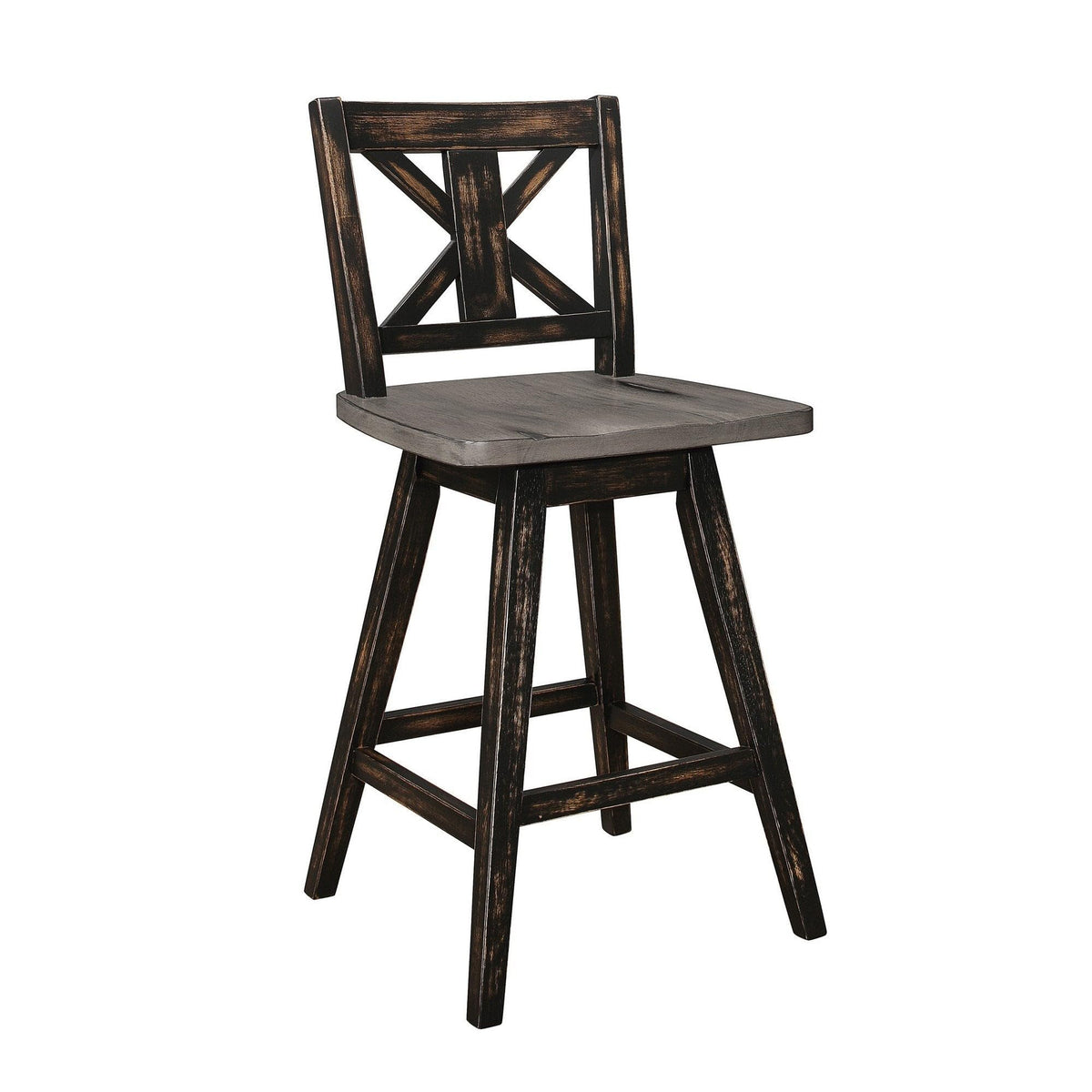 Benjara Farmhouse Swivel Counter Height Chair With X Shaped Back, Set Of 2, Antique Gray, Black