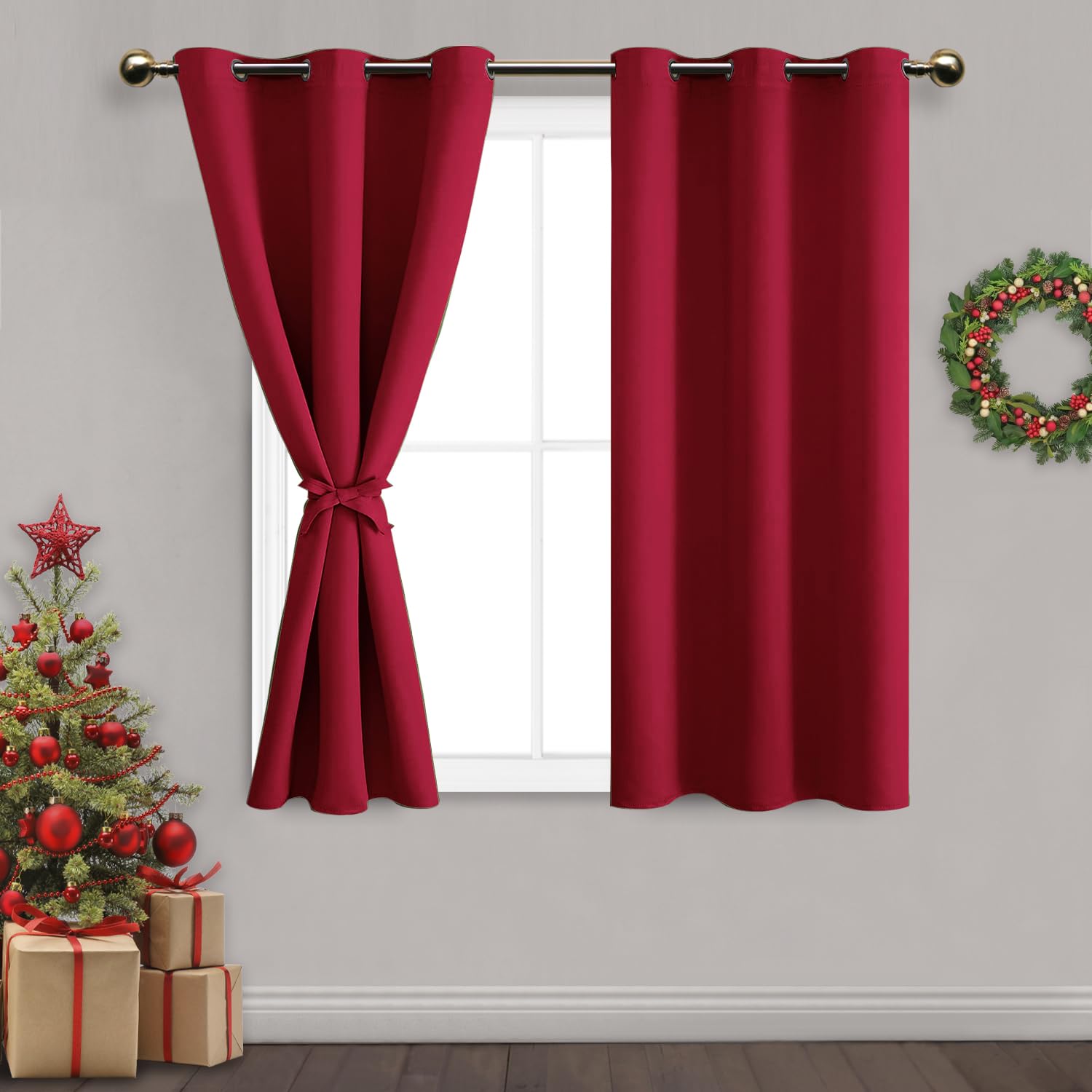 Dwcn Blackout Short Curtains With Tiebacks - Christmas Thermal Insulated Privacy Protection Grommet Window Curtains For Living R
