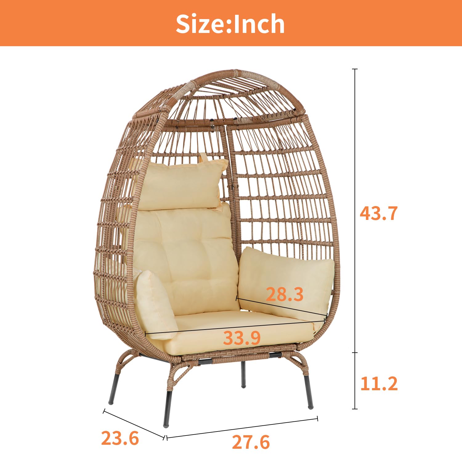 Egg Chair Egg Basket Lounge Chair Rattan Chair Steel Frame Oversized Indoor Outdoor Lounger Simple Installation With 4 Comfort Cushion And Stand,352Lb Capacity For Patio Garden Living Room,White