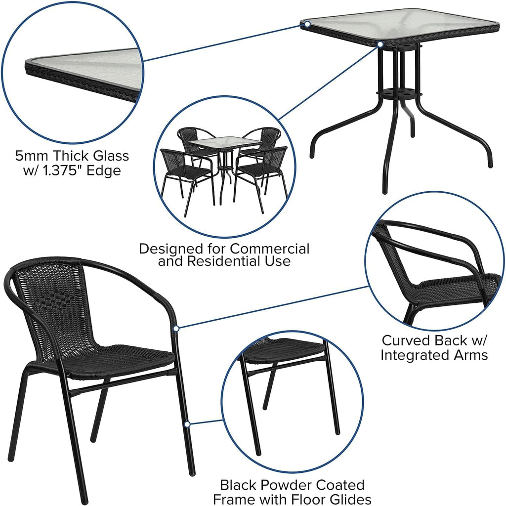 28 Square Glass Metal Table with Black Rattan Edging and 4 Black Rattan Stack Chairs
