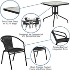28 Square Glass Metal Table with Black Rattan Edging and 4 Black Rattan Stack Chairs