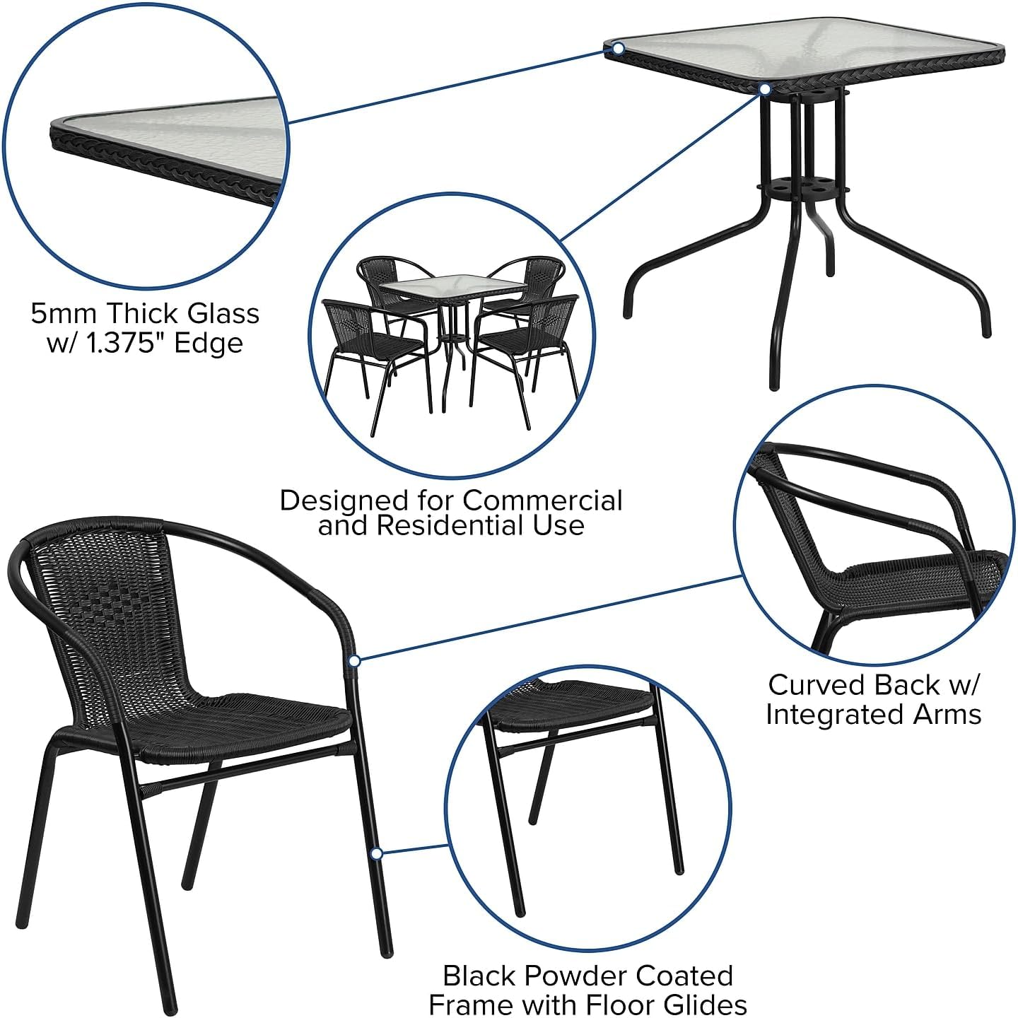 28 Square Glass Metal Table with Black Rattan Edging and 4 Black Rattan Stack Chairs