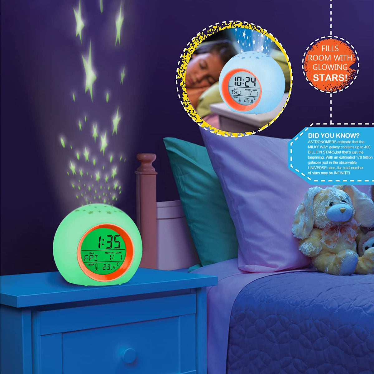 Kids Alarm Clock,Moon Stars Projector 7 Color Night Light, Children Sleep Trainer Alarm Clock, Kids Wake Up Light Alarm Clock Ai