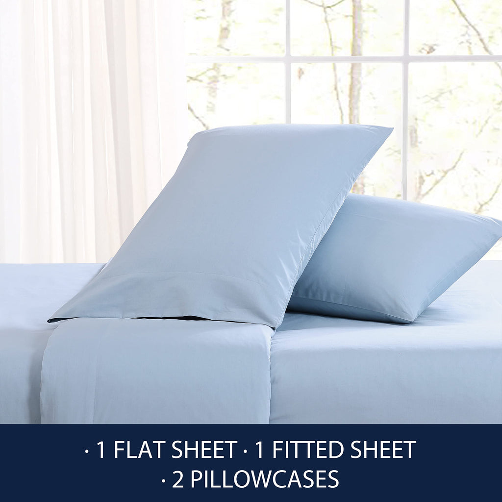 Nautica- Queen Sheet Set, Cotton Percale Bedding Set, Crisp & Cool, Lightweight & Breathable (Solid Light Blue, Queen)