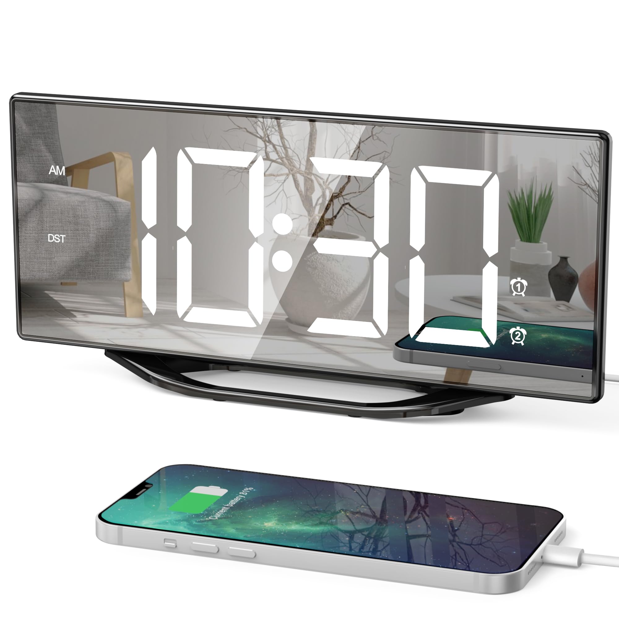 Alarm Clock for Bedroom, 8.7 LED Mirror Surface Digital Alarm Clock with 2 USB Charger Ports, Dual Alarms, 8 Dimmer&7 Volume, Ea