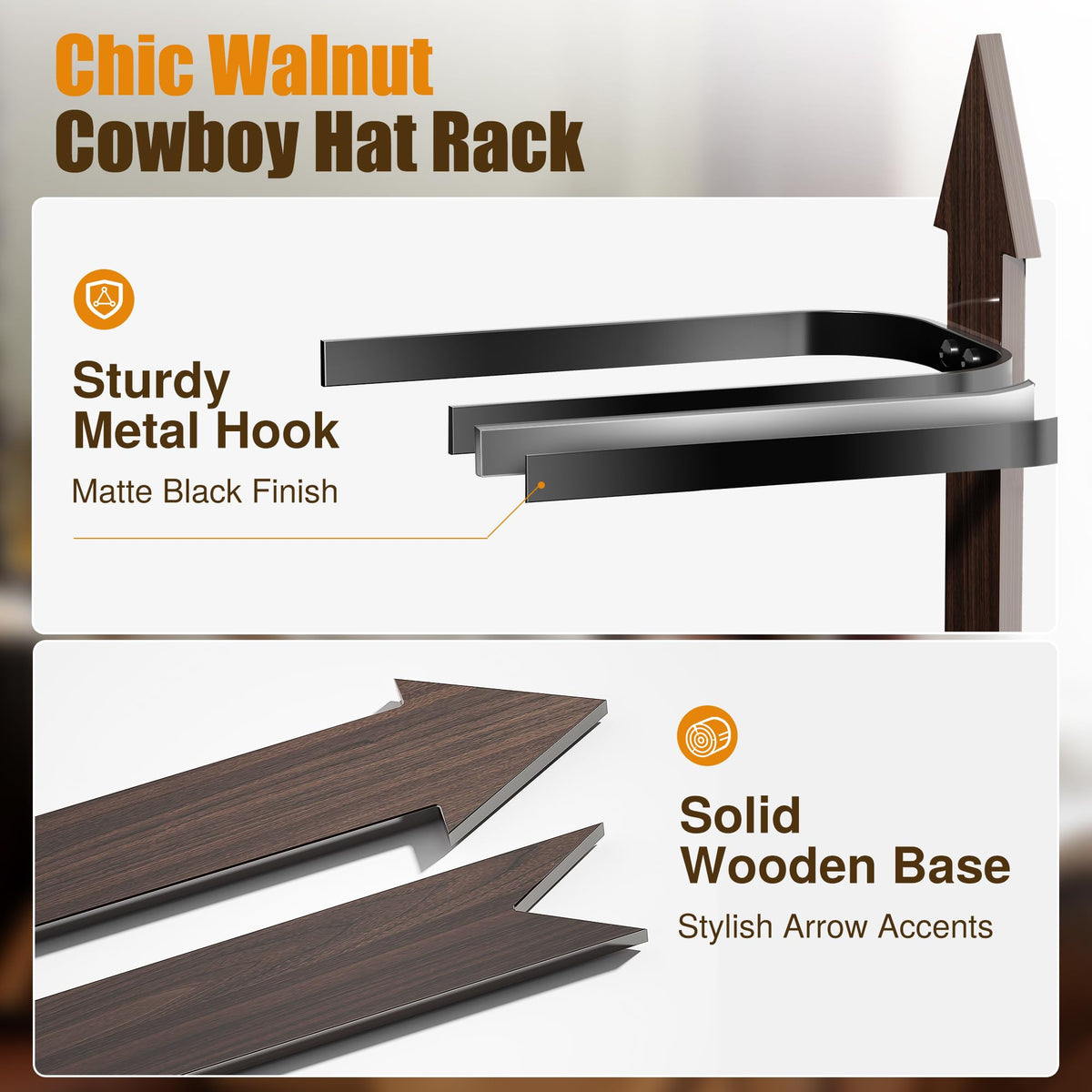 Cinati Cowboy Hat Rack, Cowboy Hat Holder Wall Mount Holds Up To 4 Hats, Wooden Western Rustic Metal Cowboy Hat Hanger With Arro