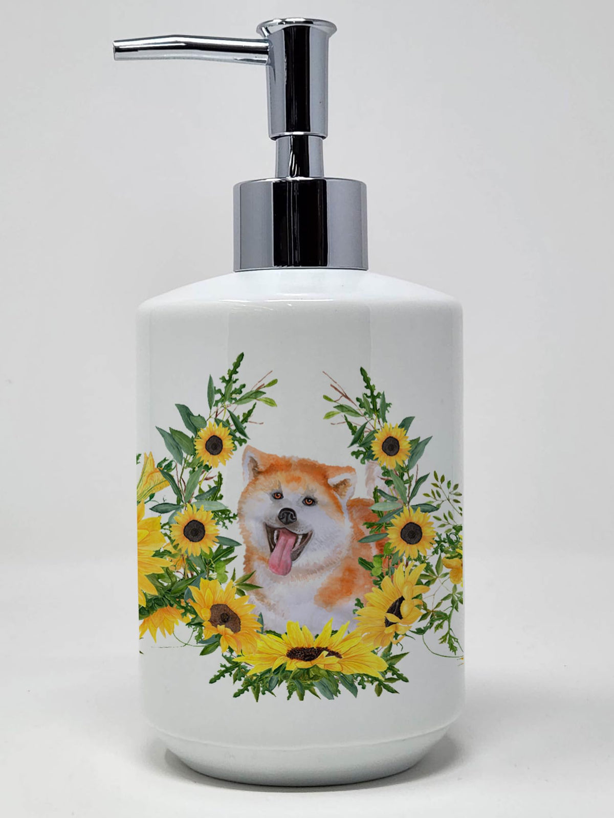 Caroline's Treasures CK2895SOAP Akita in Sunflowers Ceramic Soap Dispenser Hand Soap Dispenser Pump Bottles for Bathroom Kitchen
