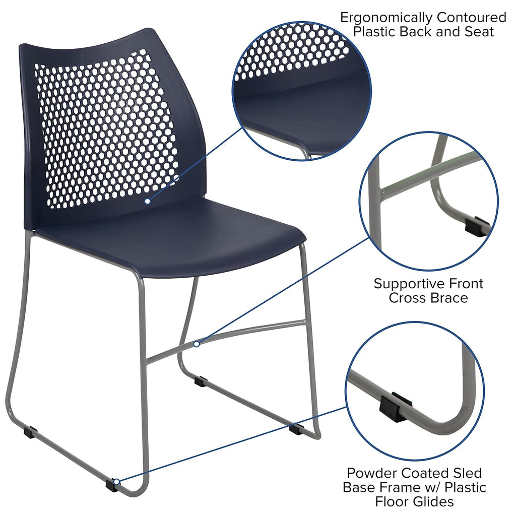 Flash Furniture Hercules Series 661 Lb. Capacity Navy Stack Chair With Air-Vent Back And Gray Powder Coated Sled Base