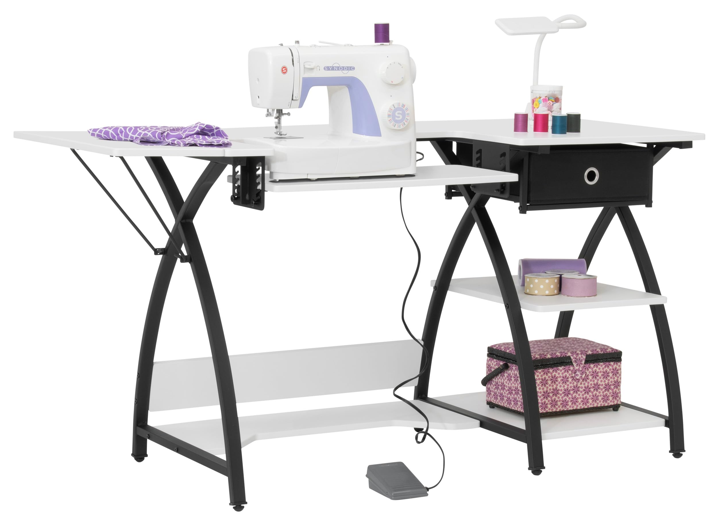 Sew Ready Comet Plus Hobby Storage Drawer + Shelves Sewing Table, 56.75 W x 23.5 D x 30 H, Black/White