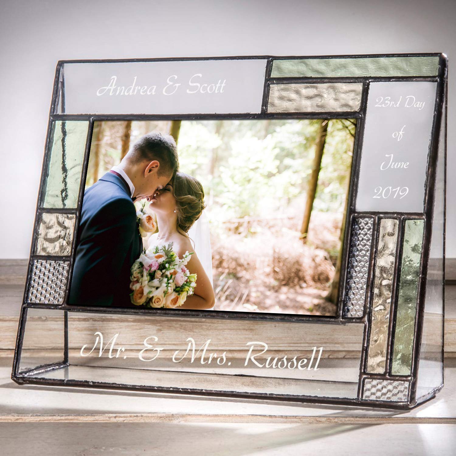 Wedding Picture Frame Personalized Gift for Couple Engraved Green Yellow Glass Table Top Photo Engagement Keepsake J Devlin Pic 