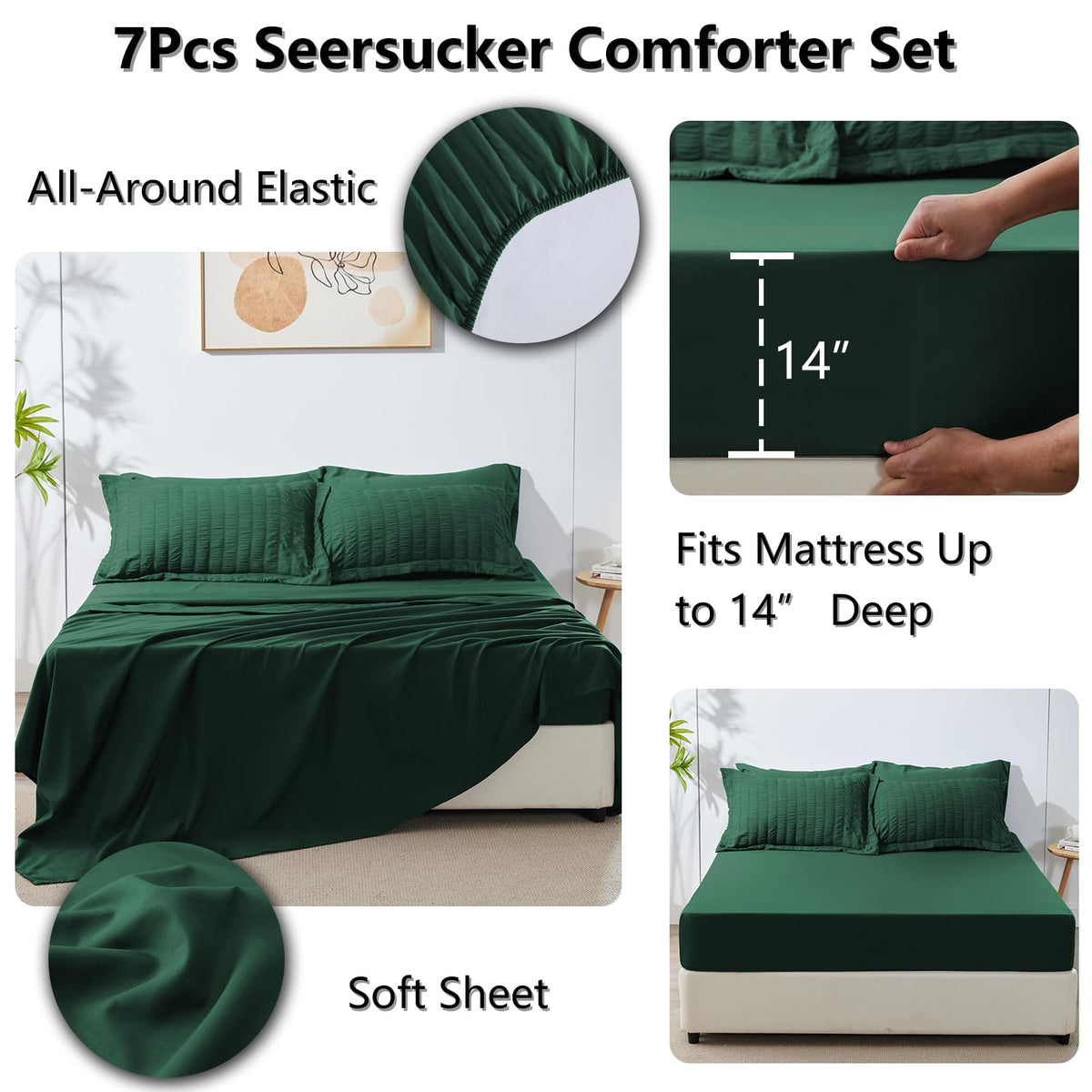Cozylux Queen Seersucker Comforter Set With Sheets Emerald Green Bed In A Bag 7-Pieces All Season Bedding Sets With Comforter, Pillow Sham, Flat Sheet, Fitted Sheet, Pillowcase
