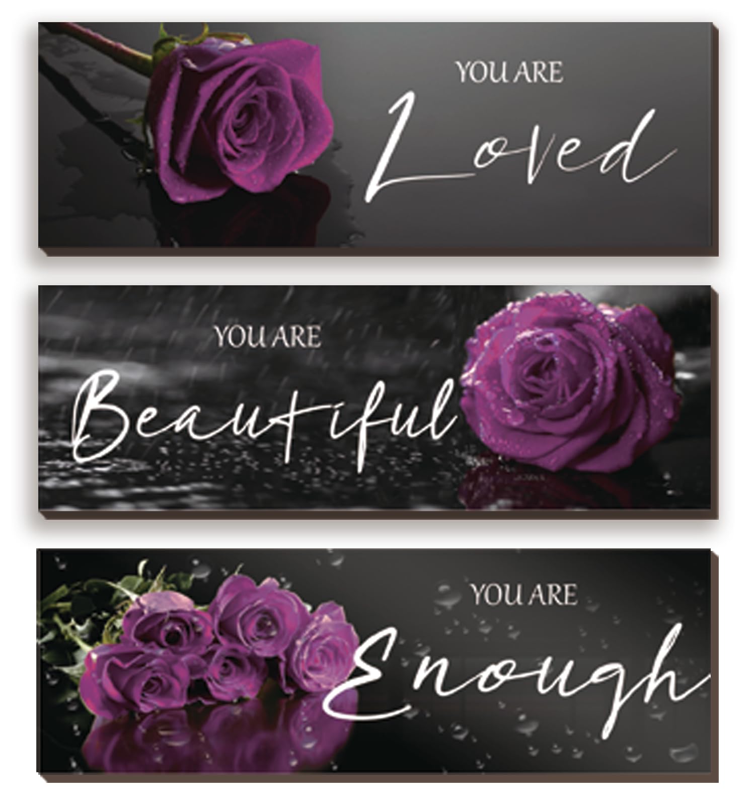 3 Pieces Purple Roses Wall Decor Inspirational Purple Bathroom Decor Wooden Wall Art Positive Quotes You Are Loved You Are Beaut