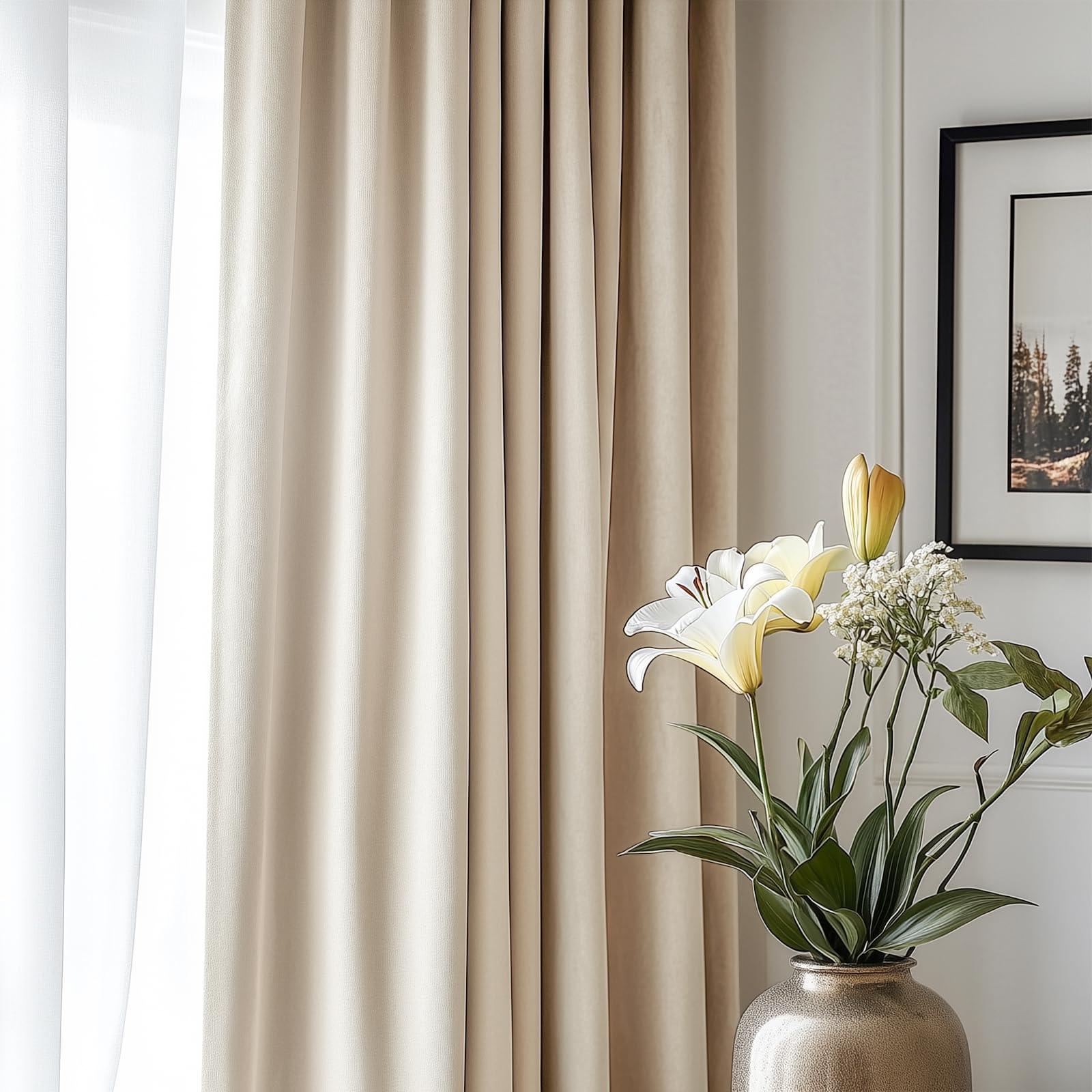 Lazzzy Velvet Curtains Beige Thermal Insulated Curtains 90 Inch Long Drapes For Bedroom Living Room Darkening Noise Reducing Soft Luxury Window Treatments Grommet Curtains 2 Panels Beige