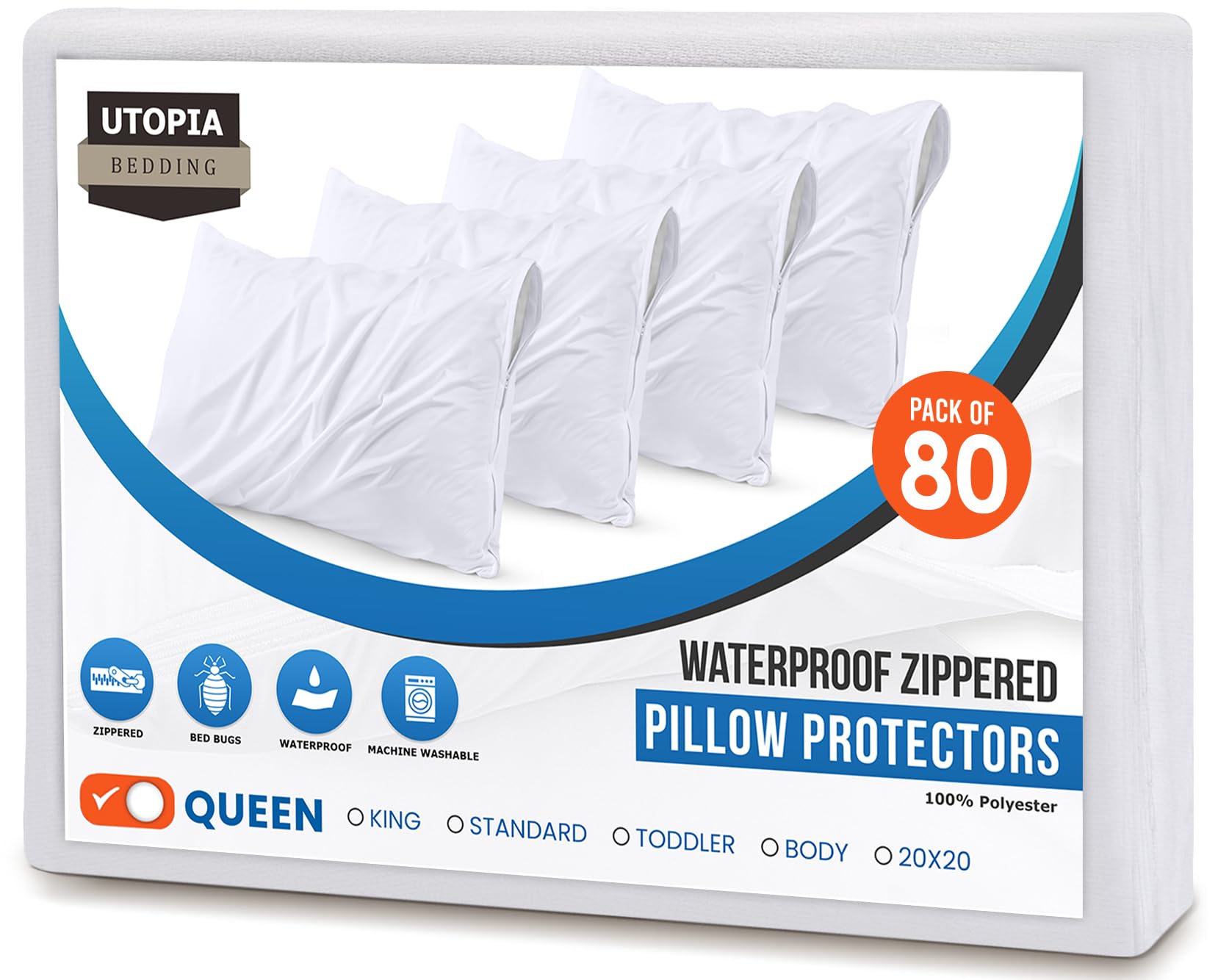 Utopia Bedding 80 Pack Waterproof Pillow Protectors With Zipper Queen Size (White), Bed Bug And Dust Mite Proof Pillow Case Cove