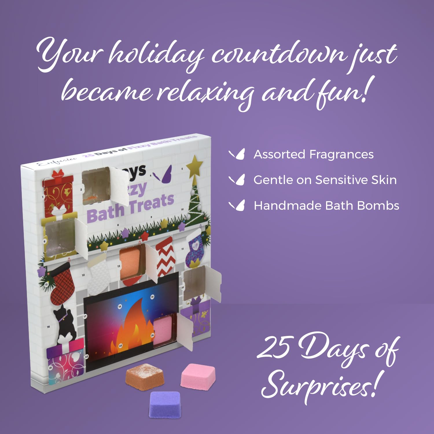 Enfusia Bath Bombs Christmas Advent Calendar 2024 Kids, Toddlers & Women - 25 Days Of Fizzy Bath Treats - Handmade In Usa - Natu