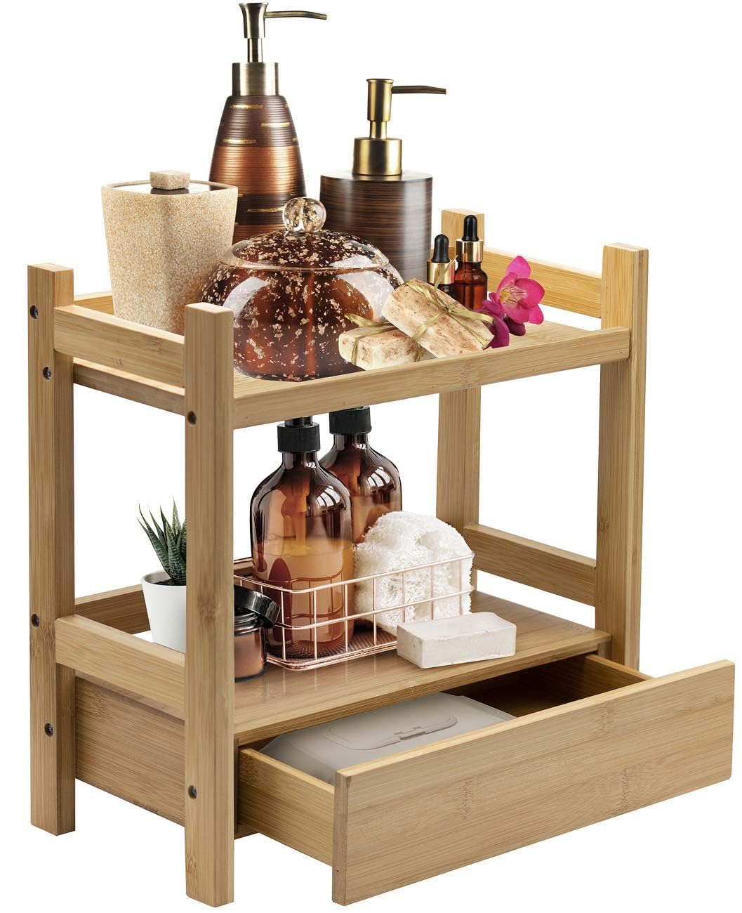Sorbus 2-Tier Bamboo Countertop Shelf with Hidden Drawer - Makeup Organizer - Multi-Purpose Storage for Skincare, Toiletries, De