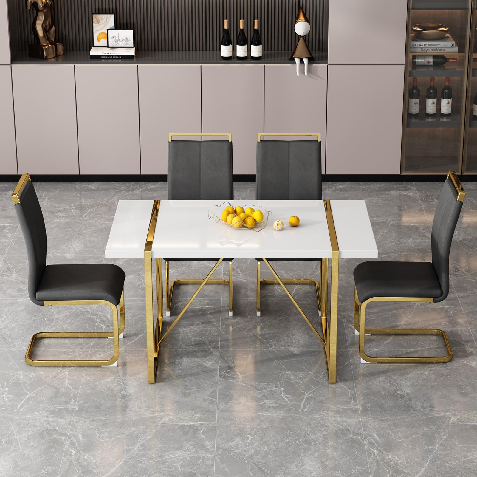Ebullient White Dining Table Set For 4,Rectangular Mdf Dining Table And Black Faux Leather Dining Chairs, 5 Piece Dining Table S