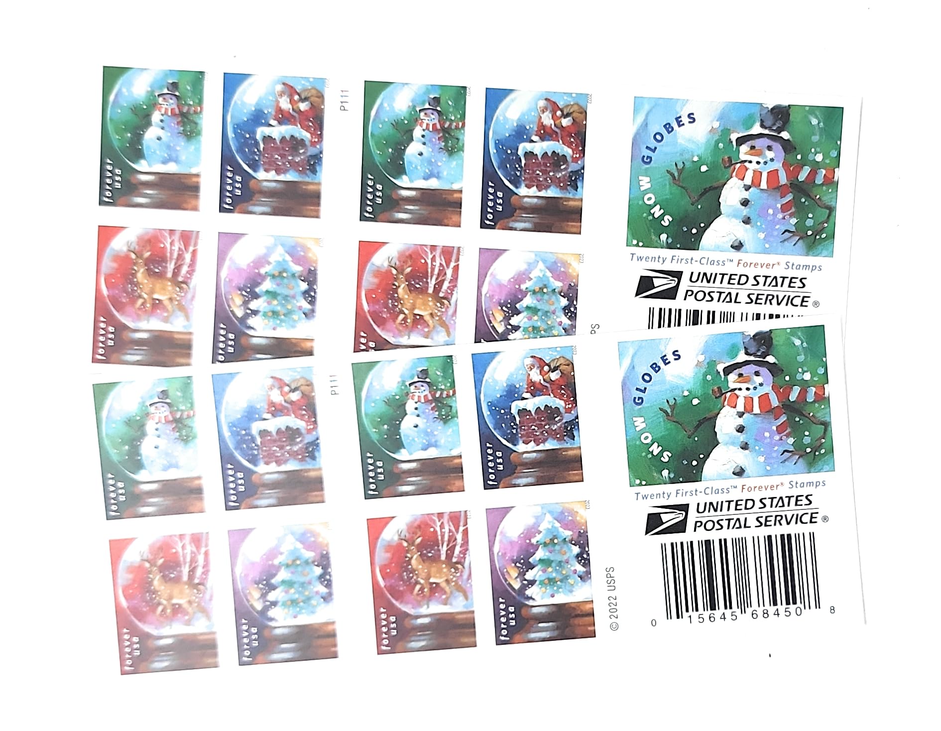 Usps Snow Globes Forever Postage Stamps (A Snowman, Santa Claus Poised On A Chimney, A Majestic Deer, And A Christmas Tree) 2023