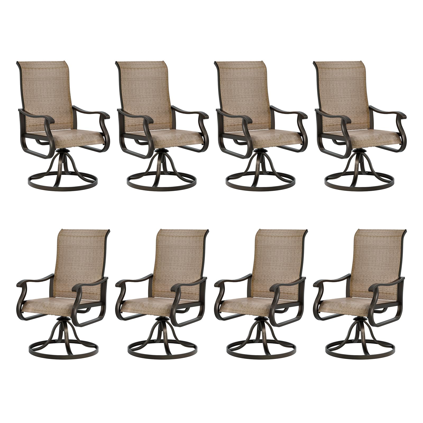 Udpatio Patio Swivel Dining Chairs Set Of 8, Outdoor Swivel Chairs High Back With All Weather Textilene Metal Rocking Frame For Lawn Garden Backyard, Brown
