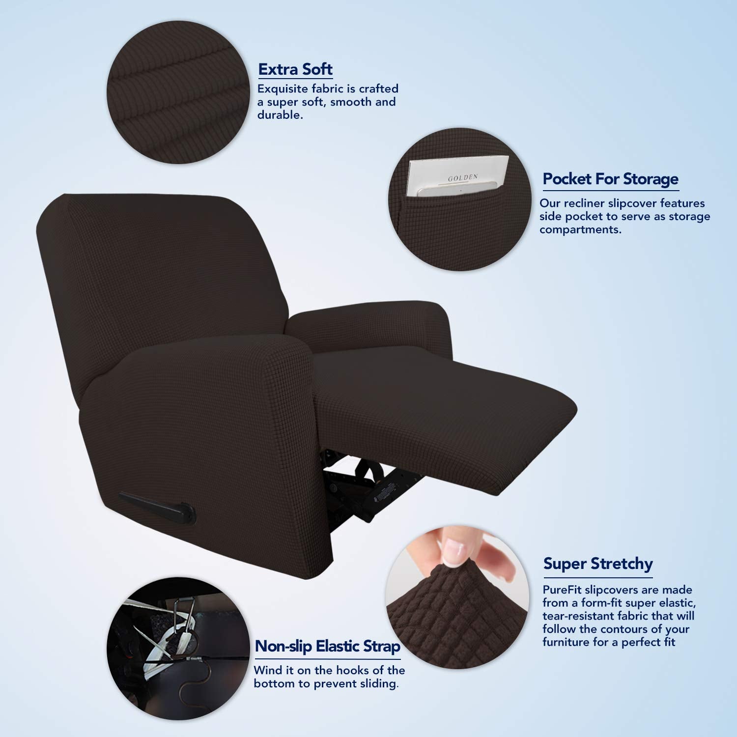 Purefit Stretch Recliner Sofa Slipcover With Pocket With Pocket – Spandex Jacquard Non Slip Soft Couch Sofa Cover, Washable Furniture Protector With Elastic Bottom For Kids (Recliner, Chocolate)
