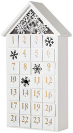 BRUBAKER Reusable Wooden Advent Calendar to Fill - White Snow House with LED Lighting - DIY Christmas Calendar 9.57 x 17.72 x 3.