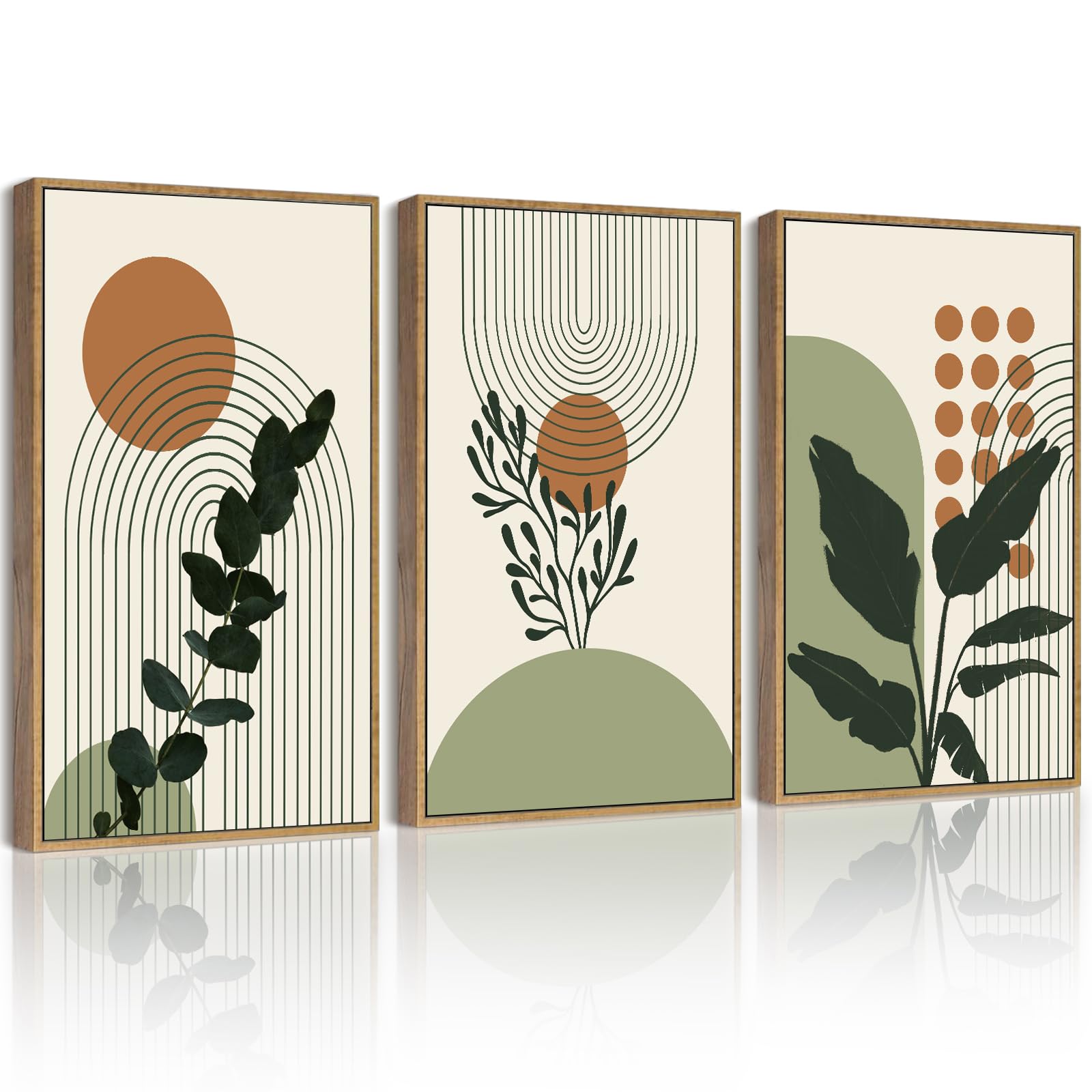 PHOPAGO Boho Plant Wall Art Green Botanical Bohemain Framed Wall Printing 11x14in Abstract Canvas Prints with Leaf & Sun Lines -