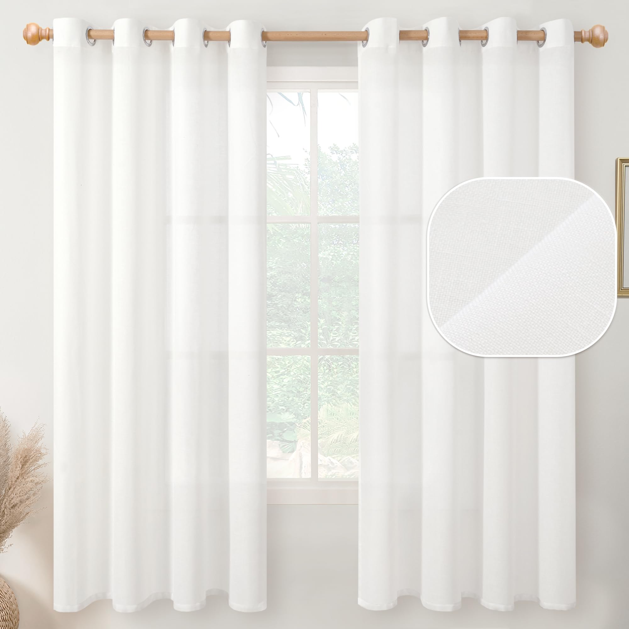YoungsTex 72 Inch Length Linen Semi Sheer Curtains Light Filtering White Textured Drapes Lightweight for Bedroom Living Room Gro
