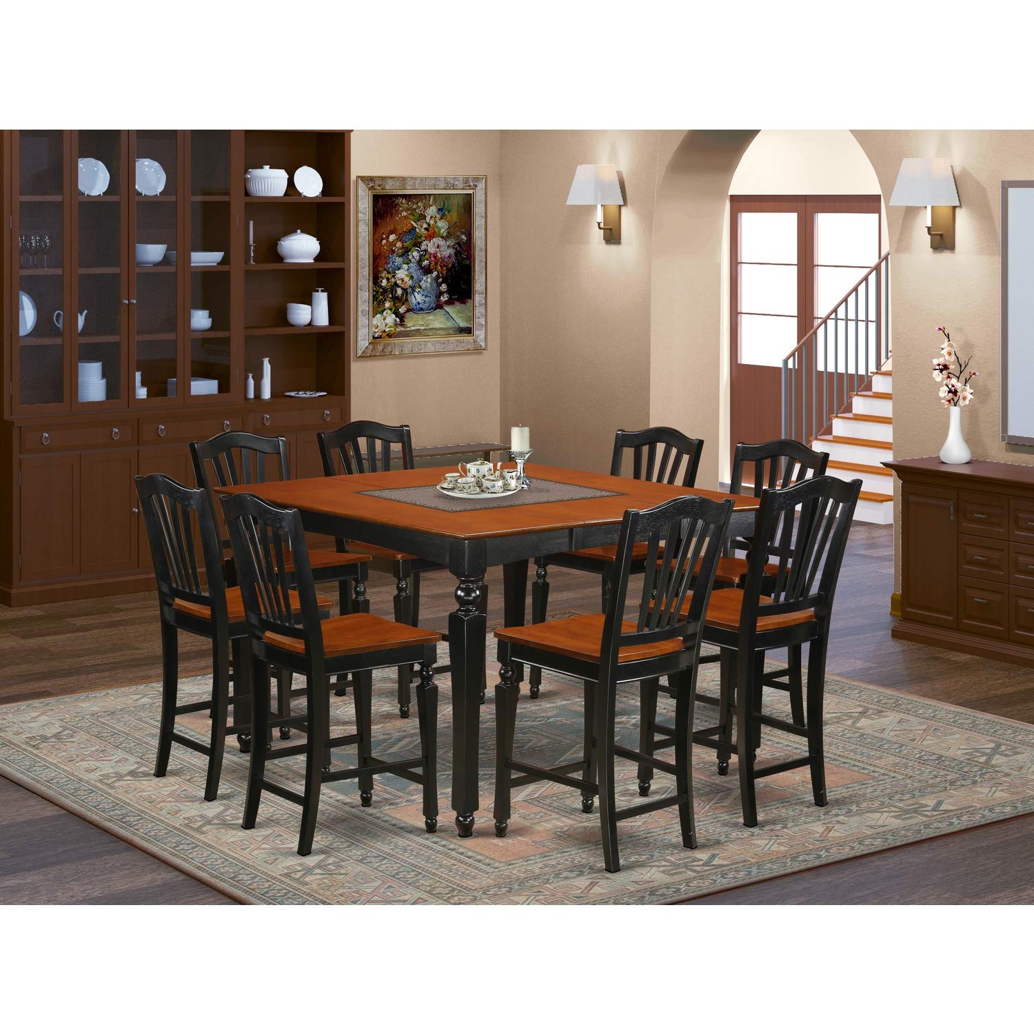 East West Furniture CHEL9-BLK-W Chelsea 9 Piece Kitchen Counter Height Set Includes a Square Wooden Table with Butterfly Leaf and 8 Dining Chairs, 54x54 Inch