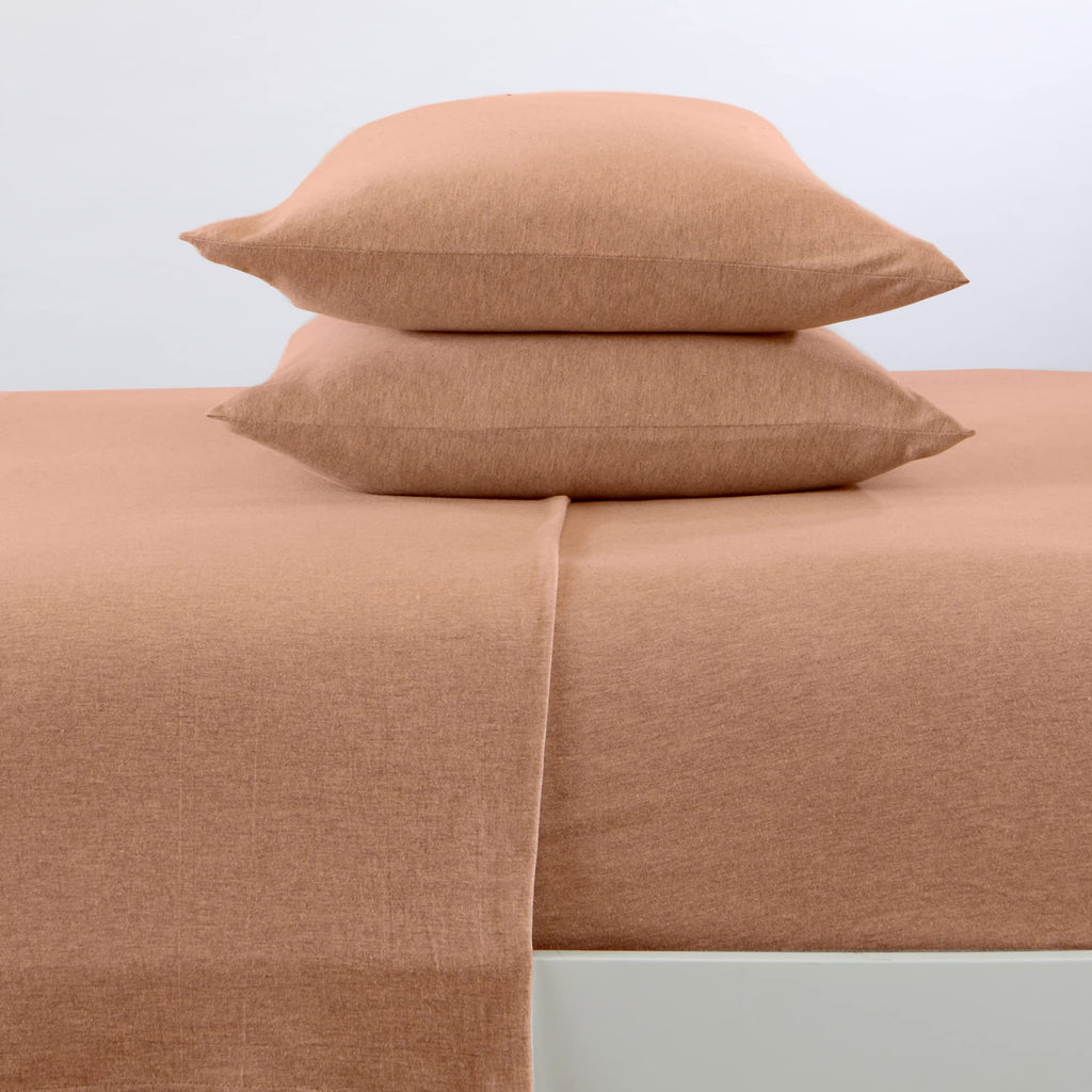 4 Piece Jersey Knit Full Cotton Blend Orange Sheet Set | Ultra-Soft T-Shirt Jersey Bedding Sheets & Pillowcases | Heathered, Bre