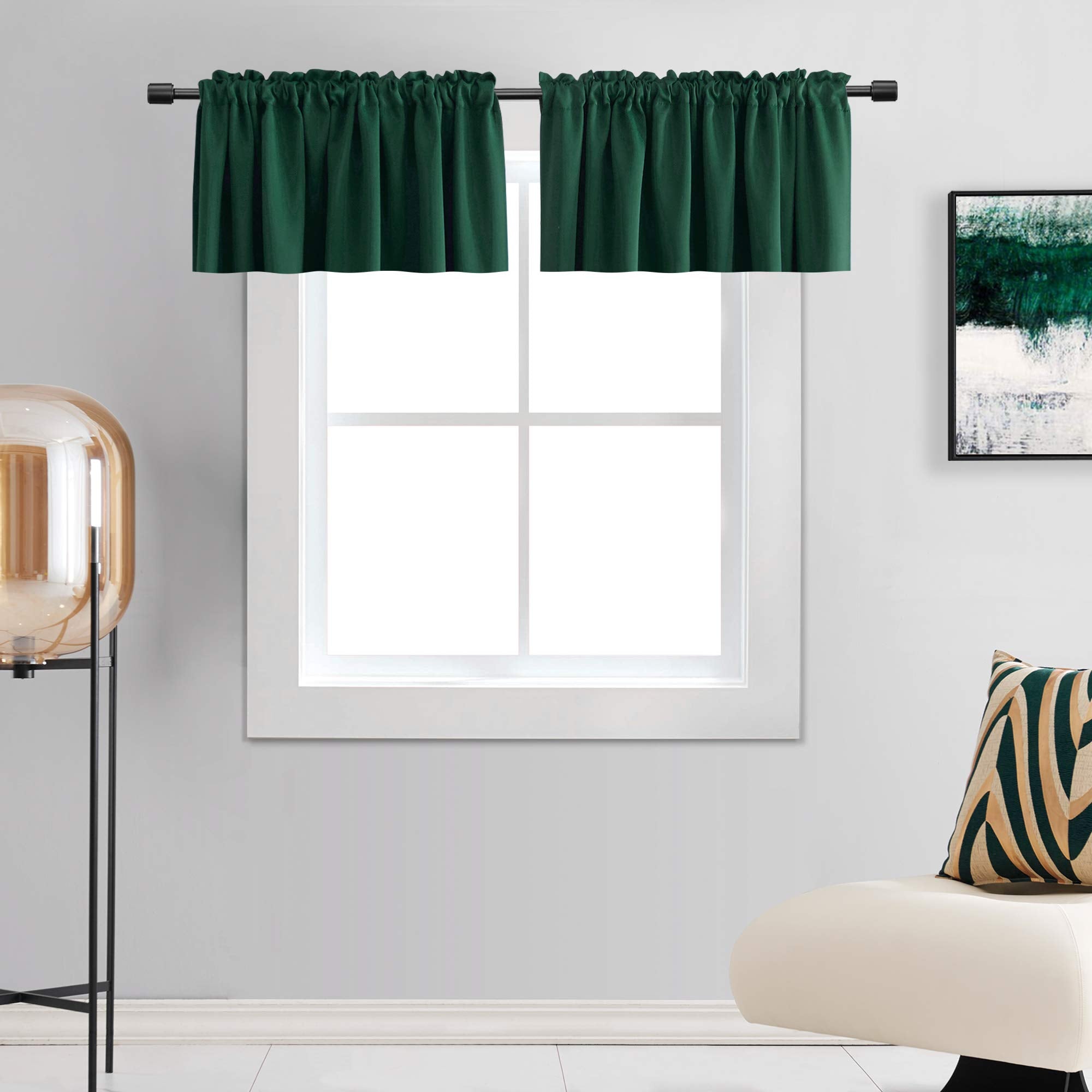 DONREN 2 Panels -16 Inch Length Dark Hunter Green Blackout Valances for Windows - Bedroom Small Window Valances for Home Decorat