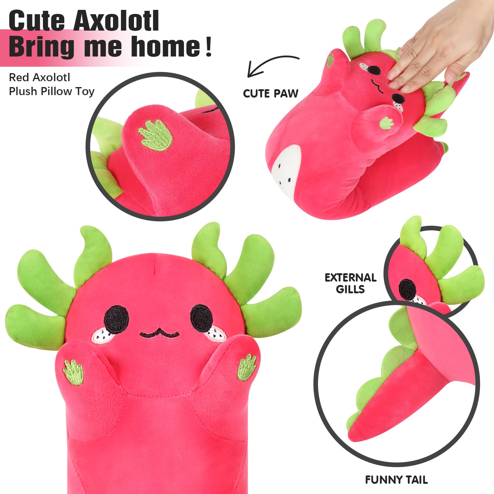 PEACH CAT Axolotl Plush Pillow Toy - Kawaii Pitaya Design, 19.6" Red B Cotton Stuffed Animal for Kids