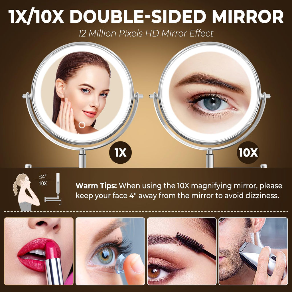 Conlwin 9' Wall Mounted Lighted Makeup Mirror, 3000Mah Rechargeable Double Sided 1X/10X Magnifying Mirror With Hook,3 Color Lig