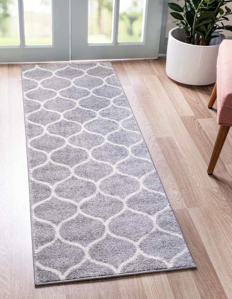 Unique Loom Trellis Frieze Collection Area Rug - Rounded (2' X 13' 1'' Runner, Light Gray/ Ivory)