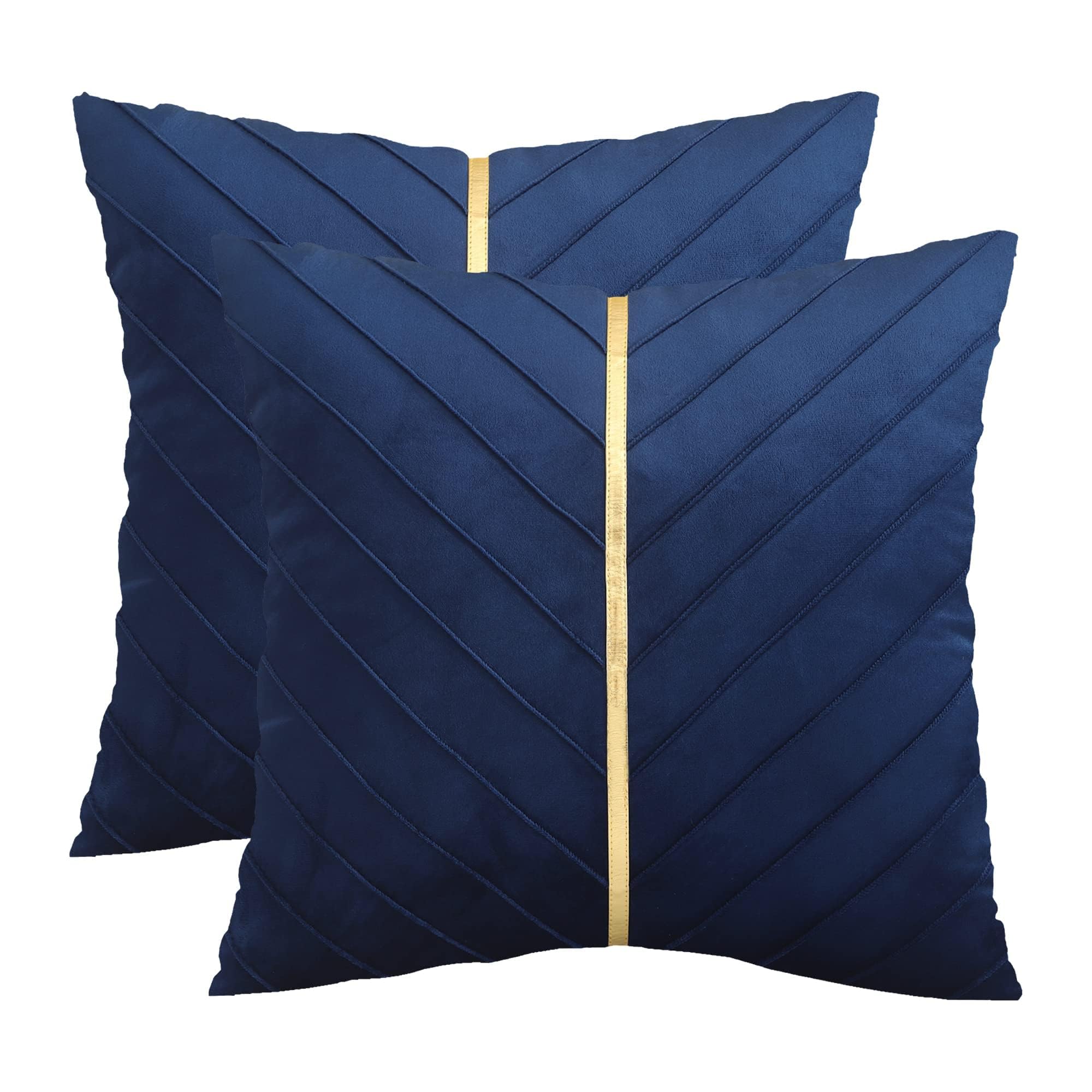 Tosleo Navy Blue Velvet Throw Pillow Covers 22X22 Pack Of 2 With Gold Leather,Decorative Couch Pillowcases Luxury Modern Pillow