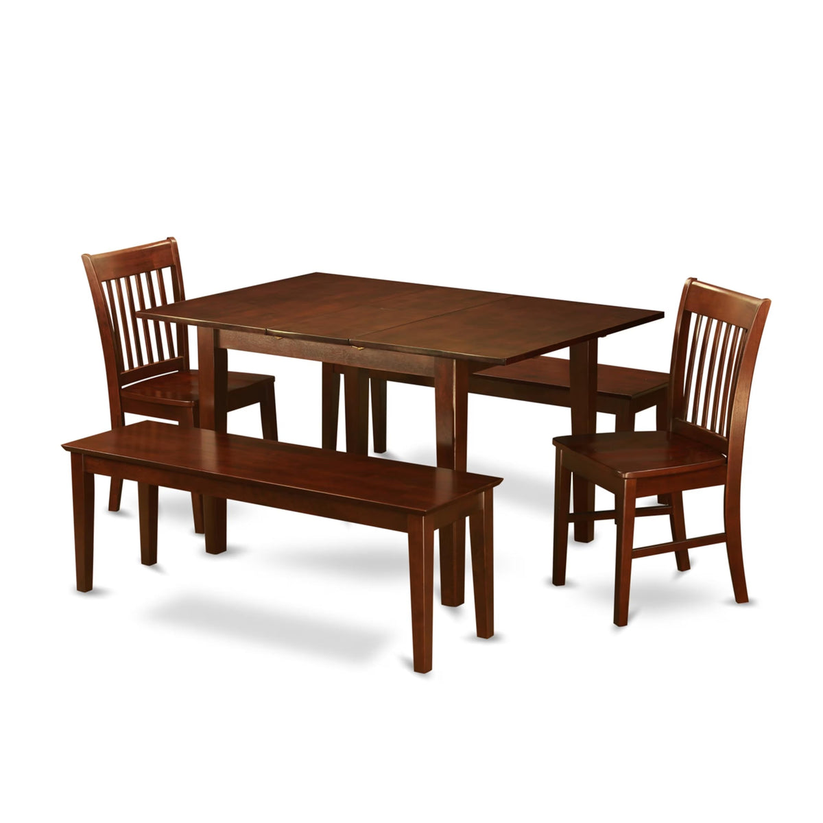 East West Furniture MLNO5C-MAH-W 5 Piece Dining Room Table Set Includes a Rectangle Kitchen Table with Butterfly Leaf and 2 Dining Chairs with 2 Benches, 36x54 Inch, Mahogany