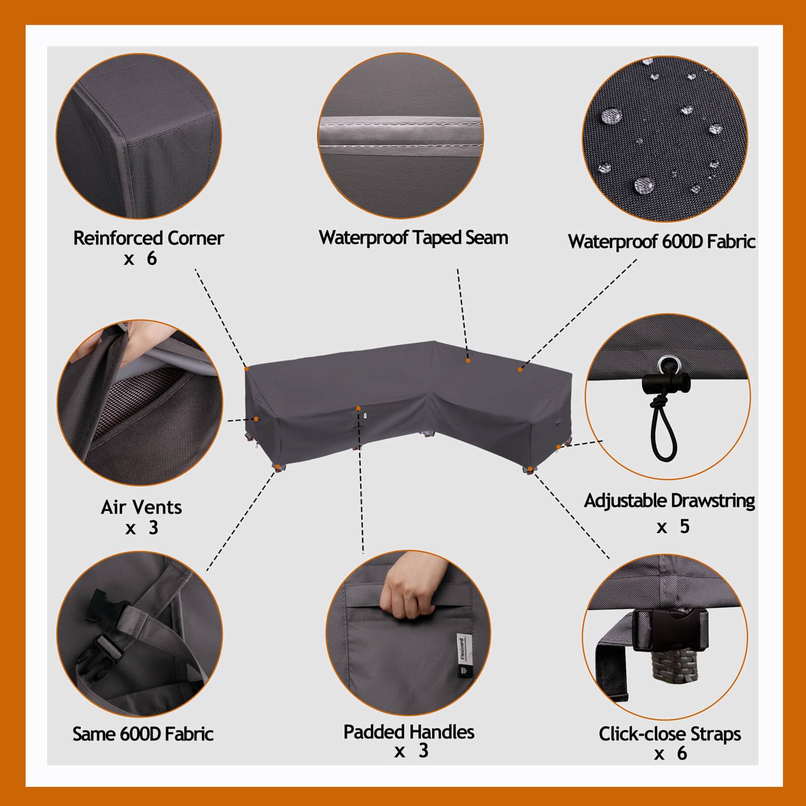 Flexiyard Heavy Duty Outdoor Sectional Sofa Cover, 120'X90' L-Shaped Waterproof 600D Patio Sectional Couch Cover, Lawn Patio Furniture Cover (Storm Grey, L-Shaped-Right Facing-120 X90)