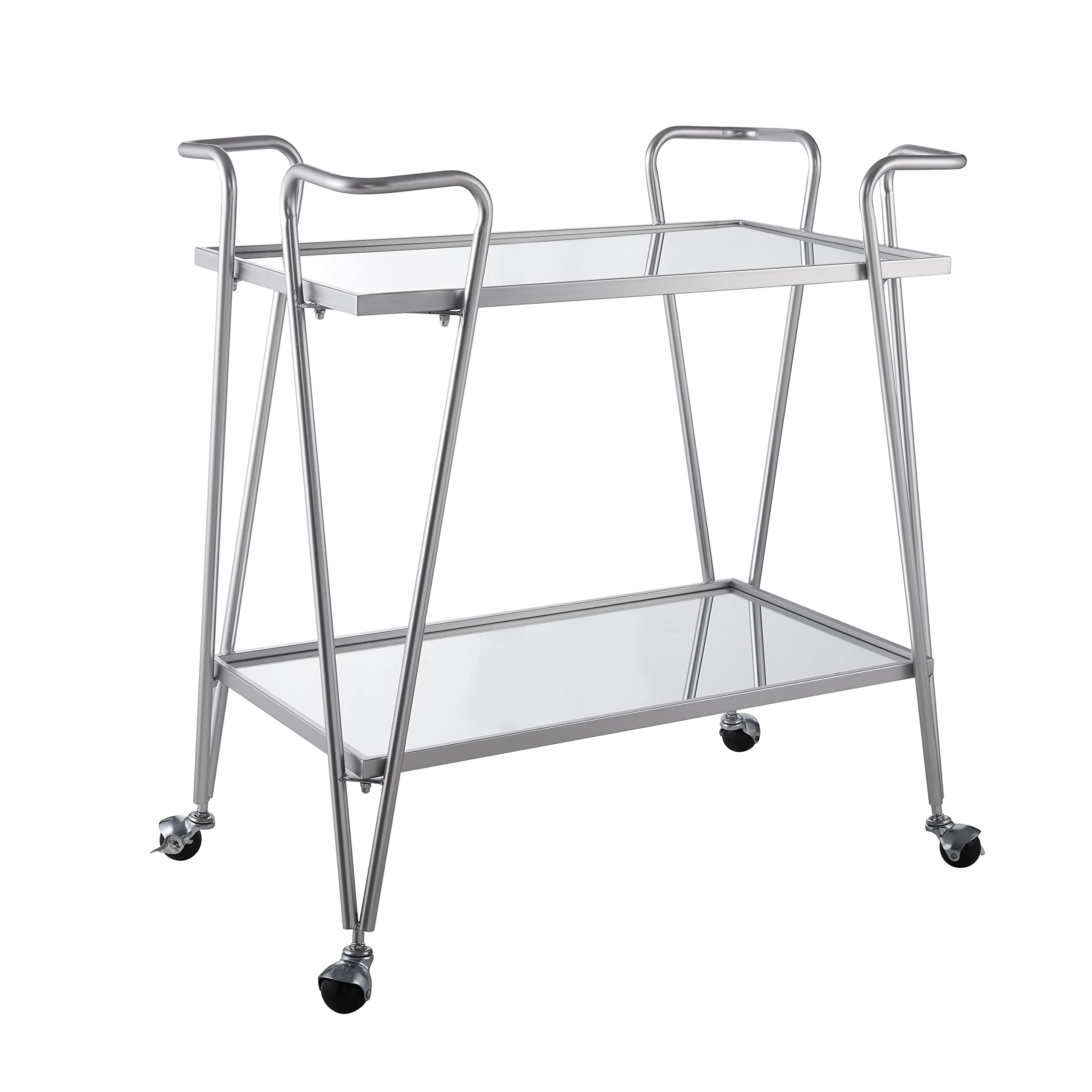 Linon Gina Silver Mid Century Bar Cart with Mirrored Shelves